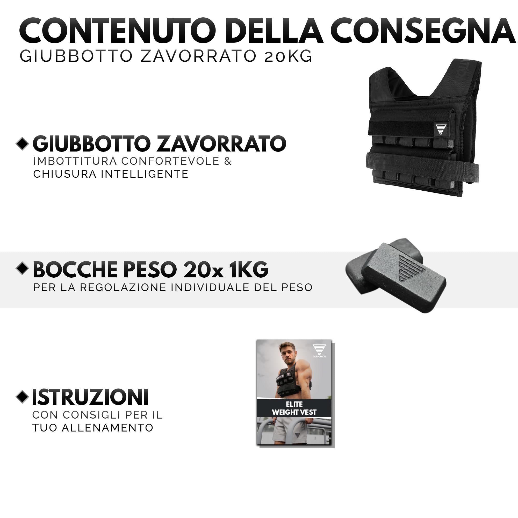 GORNATION Giubbotto Zavorrato per Palestra, Gilet Zavorrato Fitness con Pesi Regolabili per Calisthenics, Weighted Vest per Allenamento di Forza e Cross Training, per Uomo e Donna, 10 kg/20kg