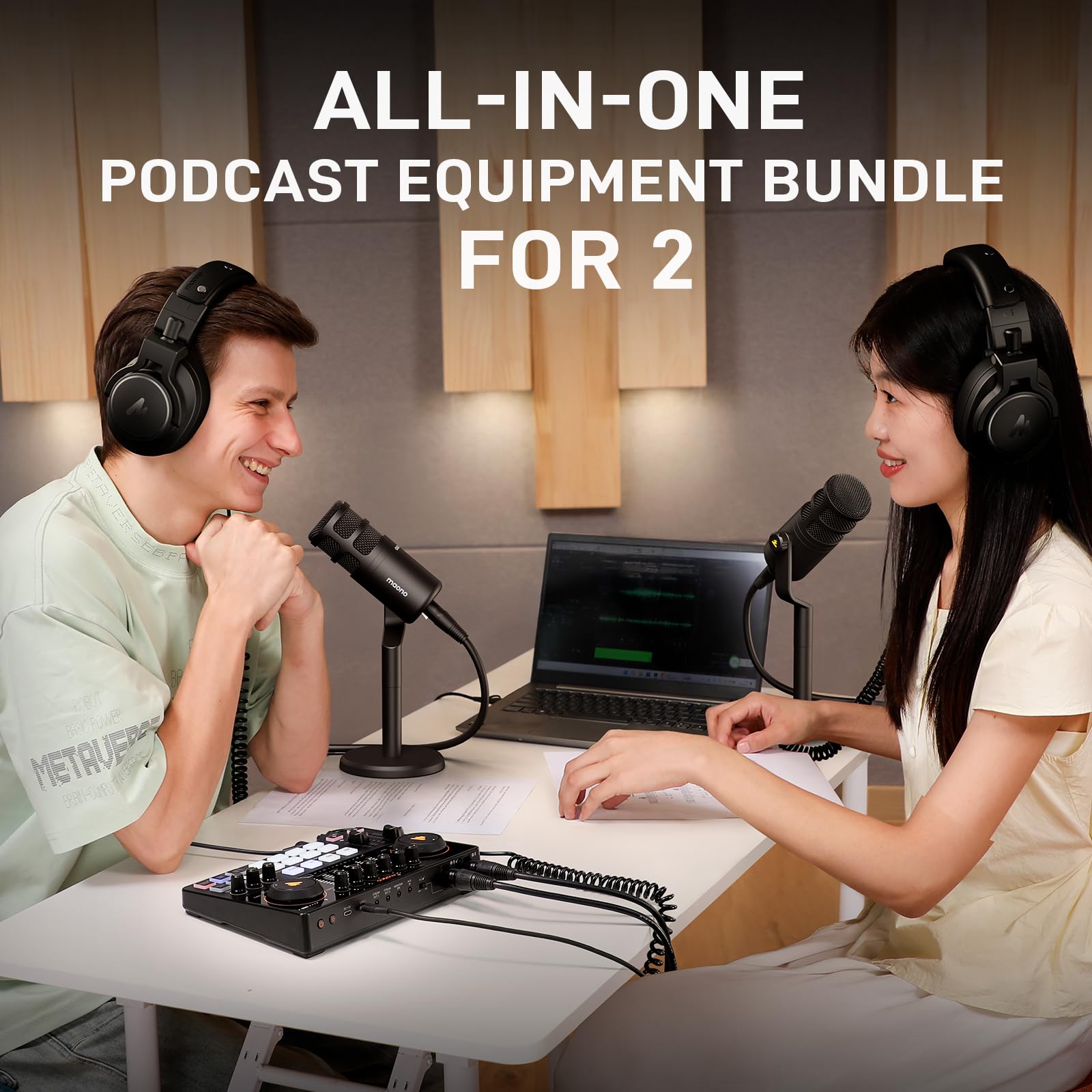 MAONO Podcast Equipment Bundle for 2: Audio Interface Mixer with 2