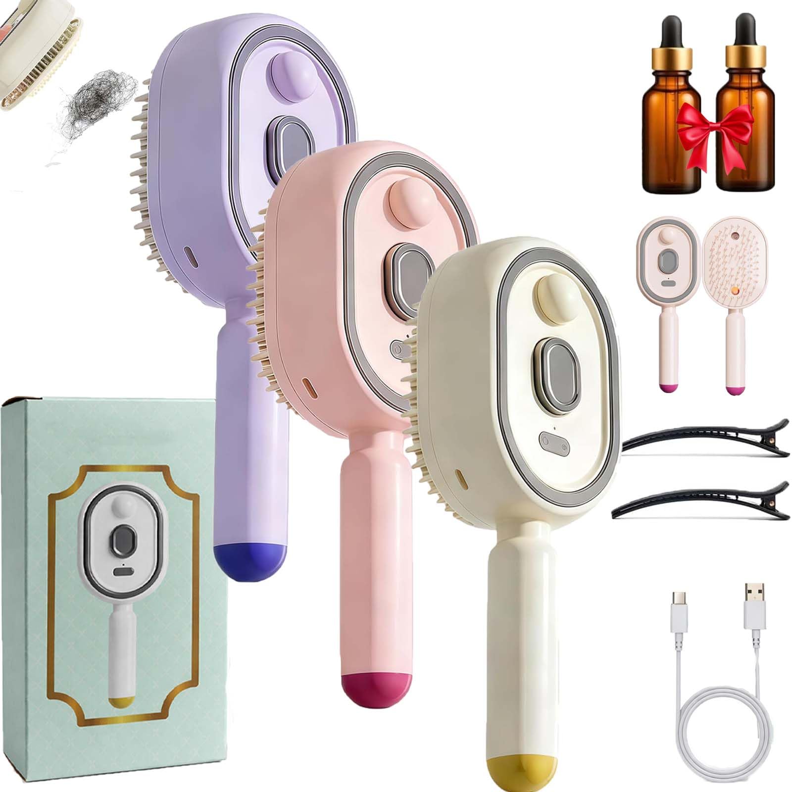 Peigne Massage à Coussin D'Air Et Spray éLectrique,3-in-1 Electric Steam Brush for Hair, 2026 Rechargeable Spray Air Cushion Massage Comb, Detangling Steaming Hair Care Brush with Self-Cleaning (3PCS)