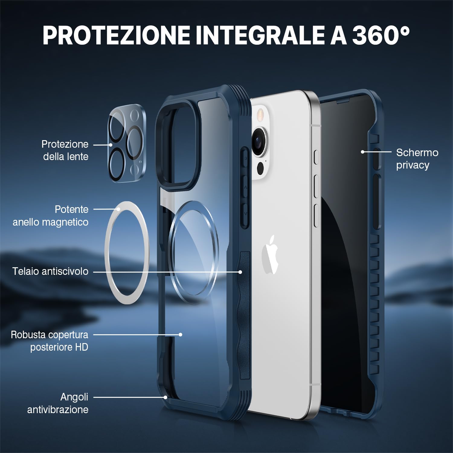 CENHUFO Magnetica Privacy Cover iPhone 16 Pro, Compatibile con Magsafe Integrata Vetro Temperato Anti Spia Schermo e Protezione Fotocamera, Custodia Antiurto 360 Gradi Rugged Doppia Faccia Case -Blu