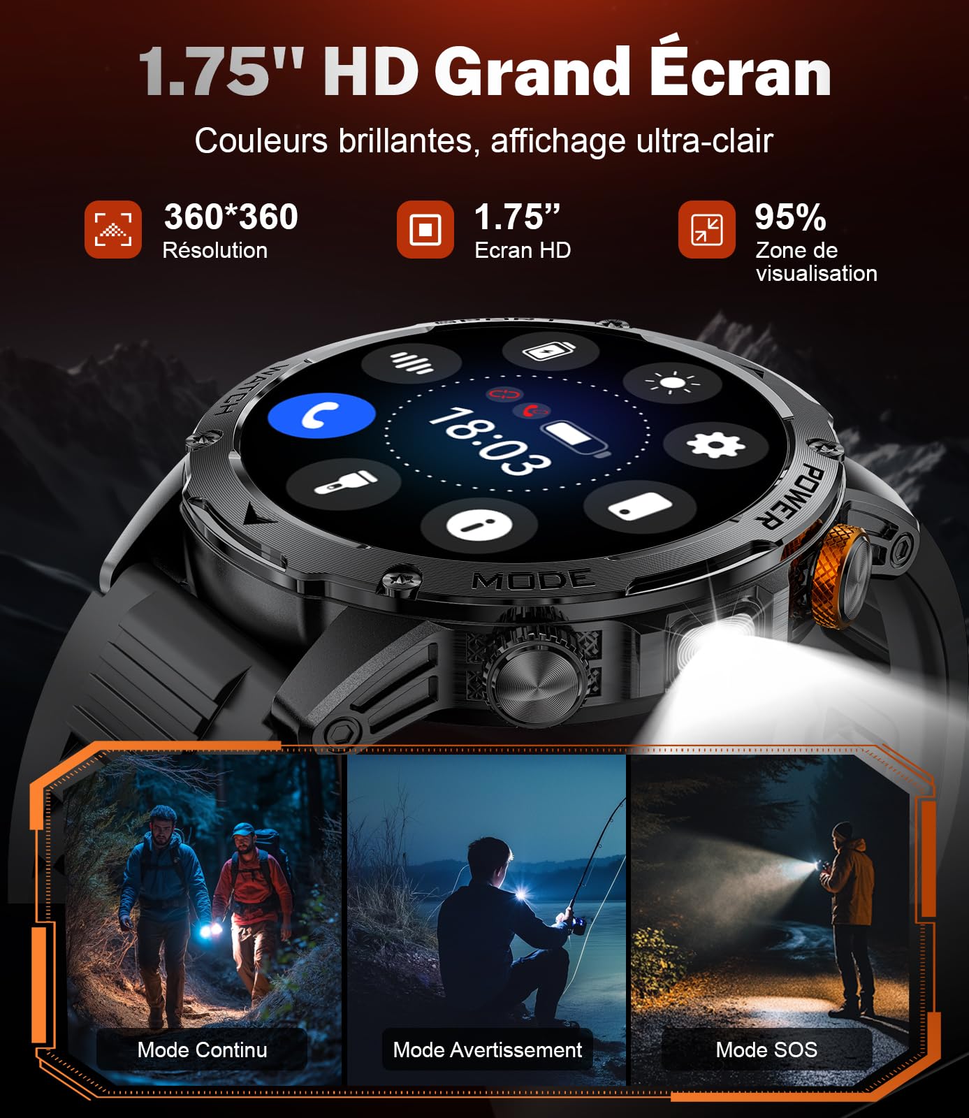 LIGE Montre Connectée Homme avec Appel Bluetooth-1000mAh Batterie,1.75" HD Grand Écran/LED Lampe,24/7 Sommeil/Fréquence Cardiaque,110 Sportifs IP68 Étanche Smartwatch Homme pour Android iOS, Silicone