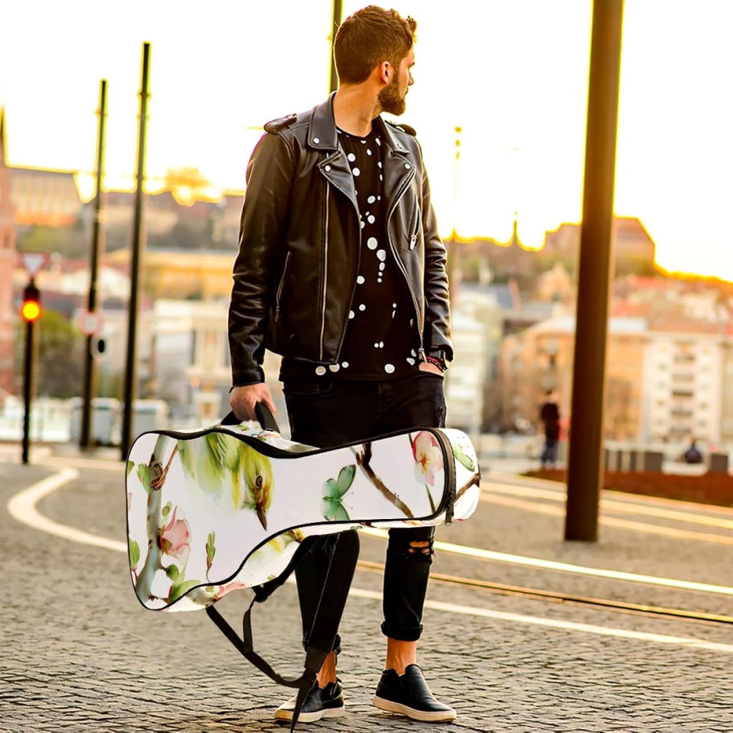 Acoustic Guitar Gig Bag 1 cm Thick Padding, Waterproof Electric Guitar Bag 40-42 Inch Guitar Case Backpack with Dual Shoulder Strap, Green Bird and Butterflies on Floral Branches