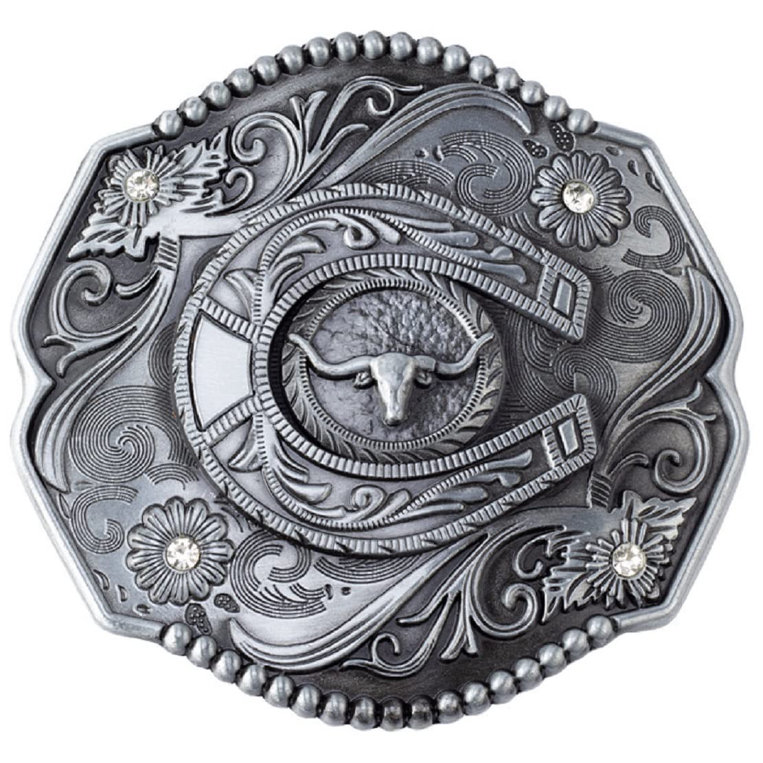 Longcreek Men's No Longhorn Bull Belt Buckle For Rodeo Bull Filigree Belt Buckle, Rhinestone Crystal Flower Bull Belt Buckle, Horseshoe Bull Head Belt Buckle, Western Cowboy Belt Buckle Gifts,