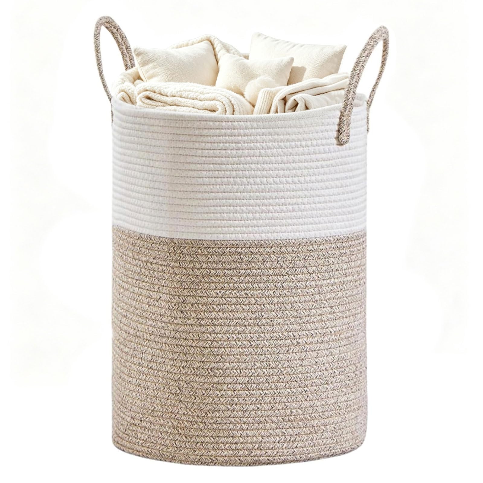 Large 60L Laundry Basket, Woven Cotton Rope Clothes Hamper with Handles, Tall Storage Basket for Blankets, Toys & Nursery, Foldable Toy Box Organiser for Living Room, Bedroom & Bathroom - 38x52cm