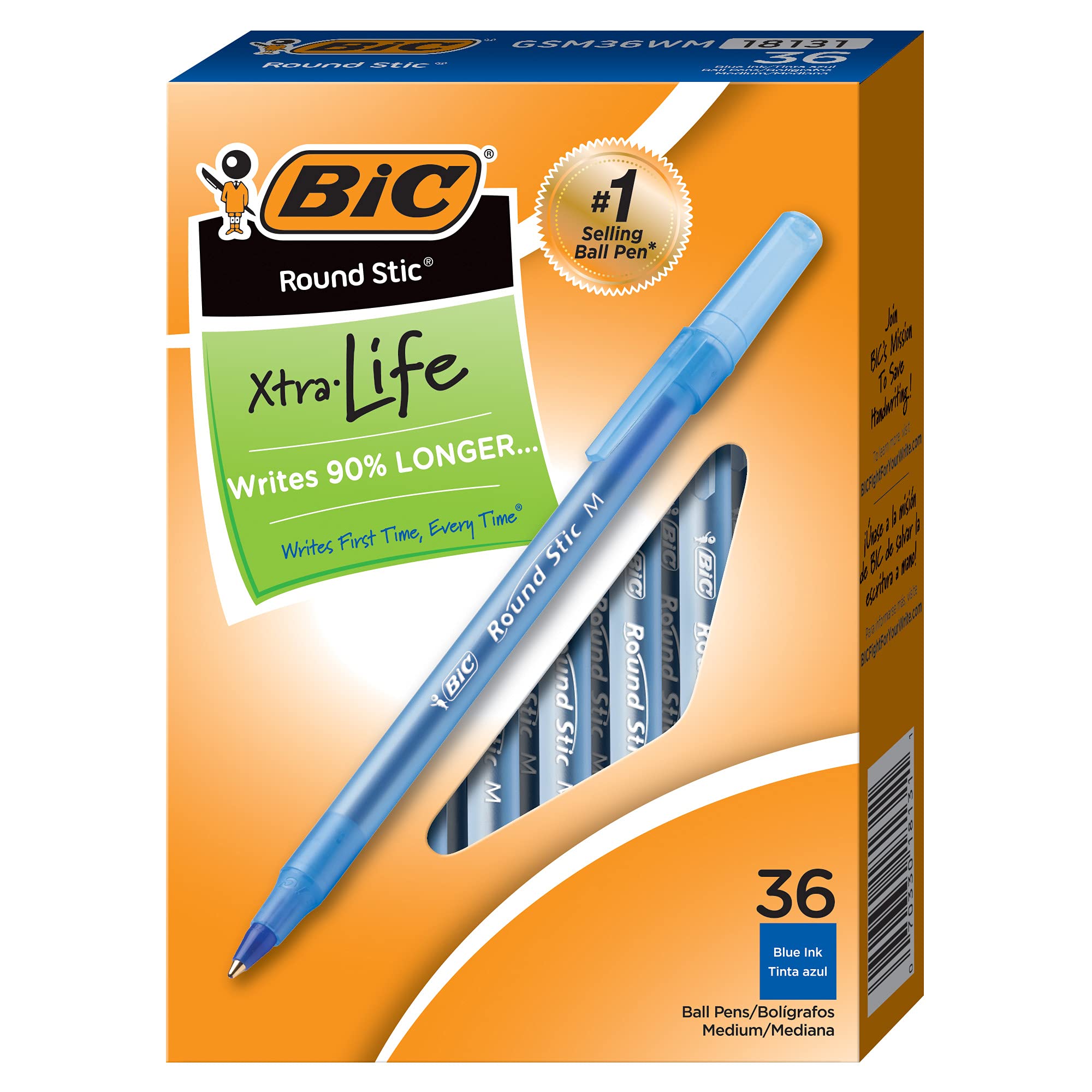 BIC Round Stic Xtra Life Ballpoint Pen, Medium Point (1.0mm), Blue, Flexible Round Barrel For Writing Comfort, 36-Count (Pack of 48, 1728 Count Total)