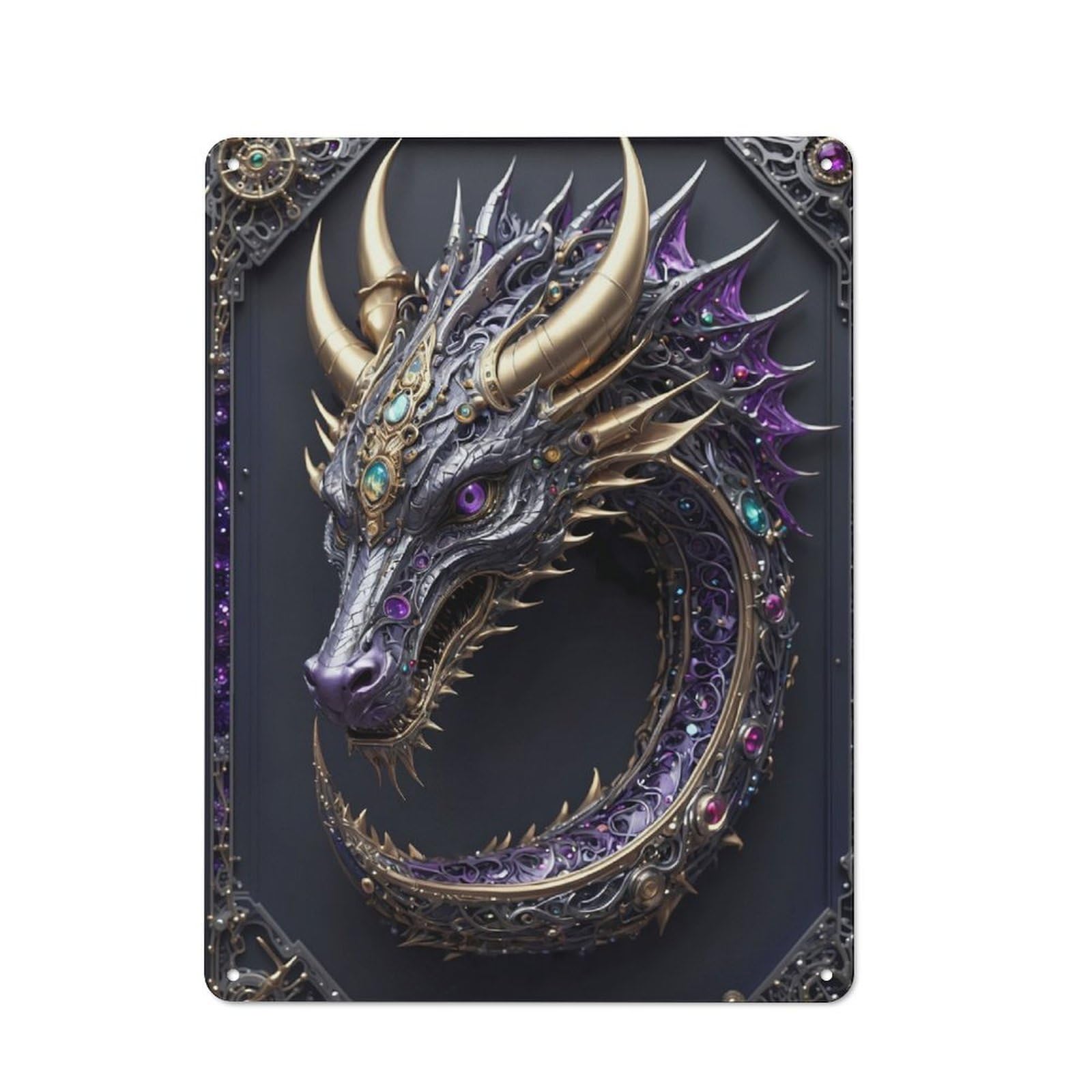 Junmoney Amethyst Dragon Portrait Rustic Tin Wall Plaque 40X30cm For Guest Room Or Hallway, For Garage, Workshop And Man Cave Decoration
