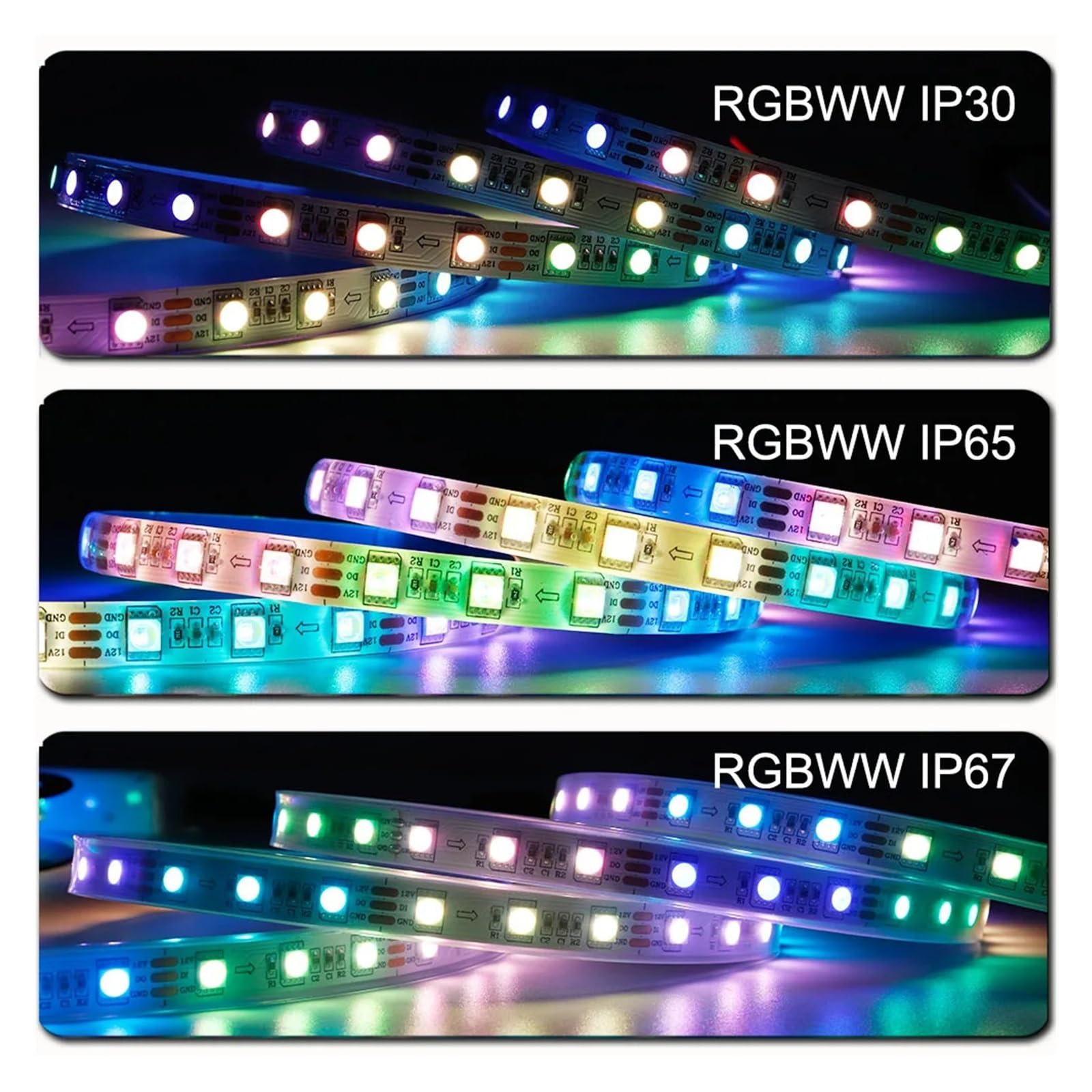 Tira de LED direccionable SK6812 RGBW RGBWW de 1-5M SMD 5050 4 en 1 60LEDs/m DC12V blanco negro PCB IP30 IP65 IP67 cinta de píxeles(White PCB,SK6812 RGB W_5M 60 IP67)