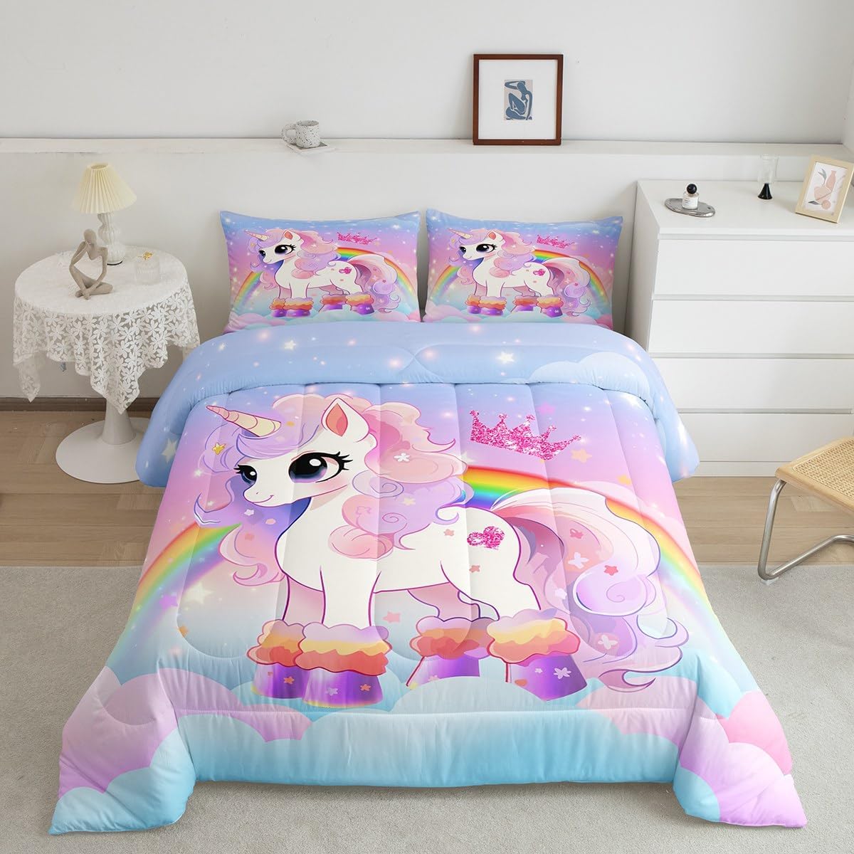 Feelyou Girls Unicorn Comforter Full Size, Princess Rainbow Unicorn Comforter Set for Kids Toddler Glitter Print Magical Unicorn Bedding Set Fairy Dreamy Horse Duvet Set Reversible