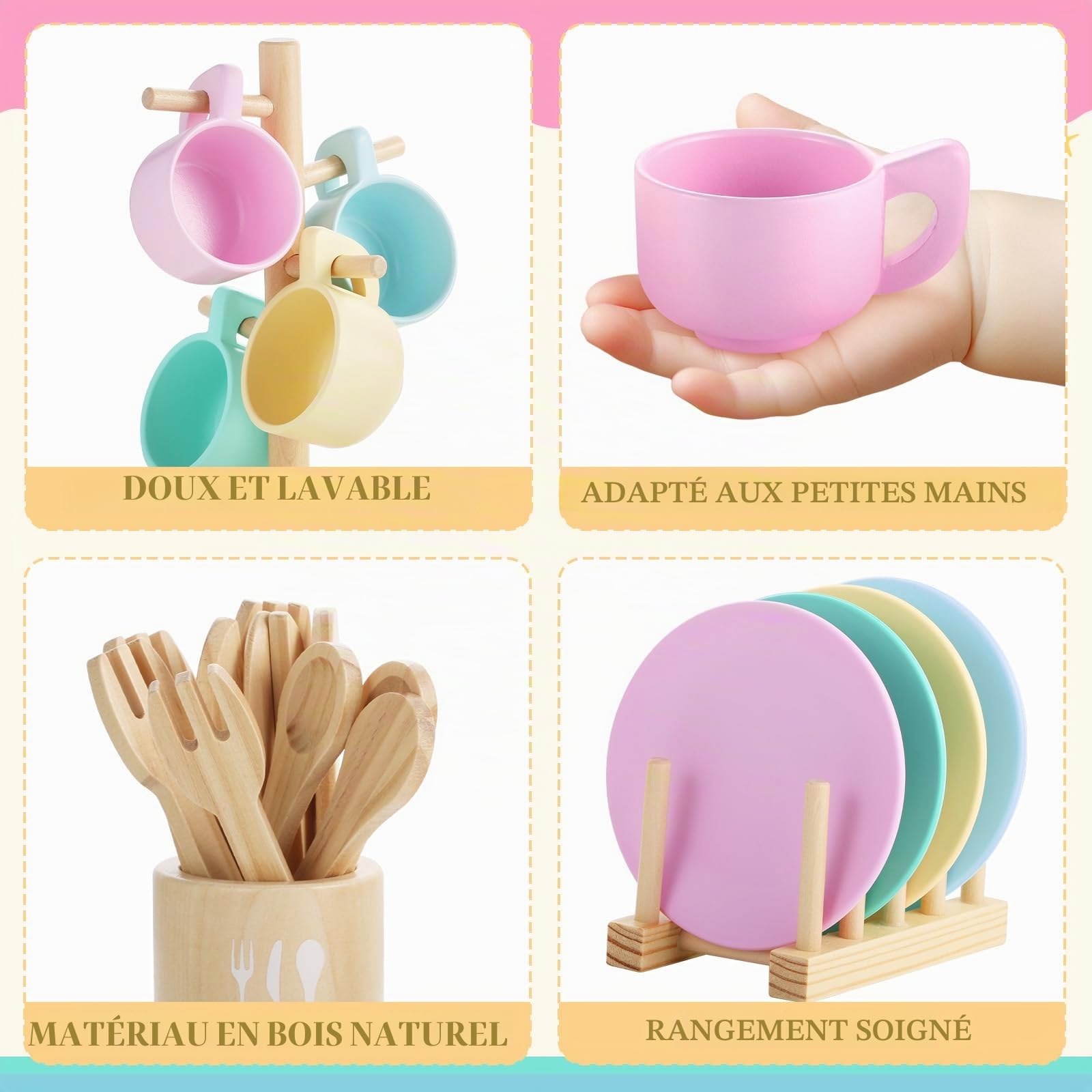 GAGAKU Ensemble de vaisselle cuisine en bois pour enfants - Service à thé 27 pièces en bois avec support de rangement - Jouet Montessori pour enfants de 3 à 5 ans - Jouet éducatif pour jeux de rôle