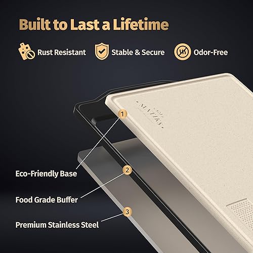 Miniatura 7 de Matiks Juego de tablas de cortar de acero inoxidable, 16 x 11 pulgadas, tabla de cortar de metal grande de doble cara apta para lavavajillas para