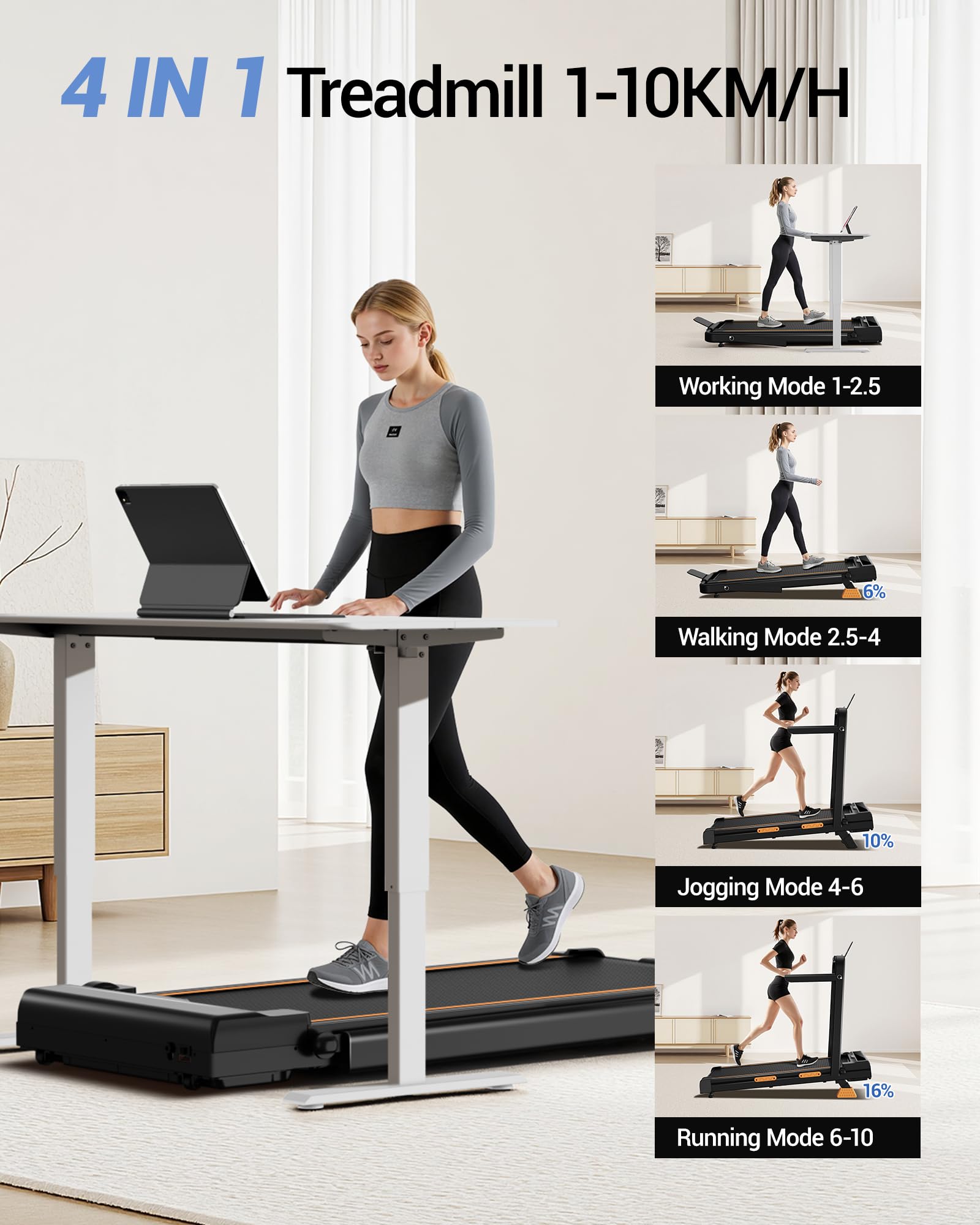 CURSOR Tapis de course pliable inclinable 16%, 10KM/H Tapis de Marche Pliable Inclinable, Avec Affichage LED, Télécommande, 3.0HP Treadmill Walking Pad, 4 en 1 Tapis de Marche Bureau, 136KG Max Charge