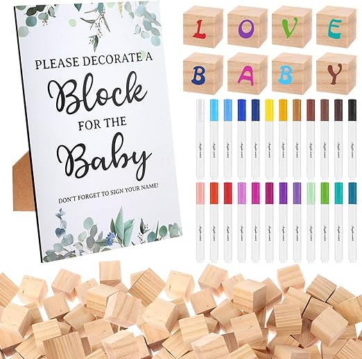 craftshou 105 Pcs Baby Shower Games Gifts Set Including Decorate a Block Game Sign 80 Blank Wooden DIY Block 24 Acrylic Paint Marker Theme Baby Shower Prize Accessories