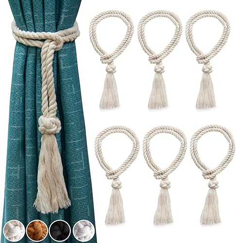 Lazos de cortina para cortinas, alzapaños de cortina boho para exteriores y el hogar, alzapaños de cortina rústicos, cuerda de algodón de macramé (6
