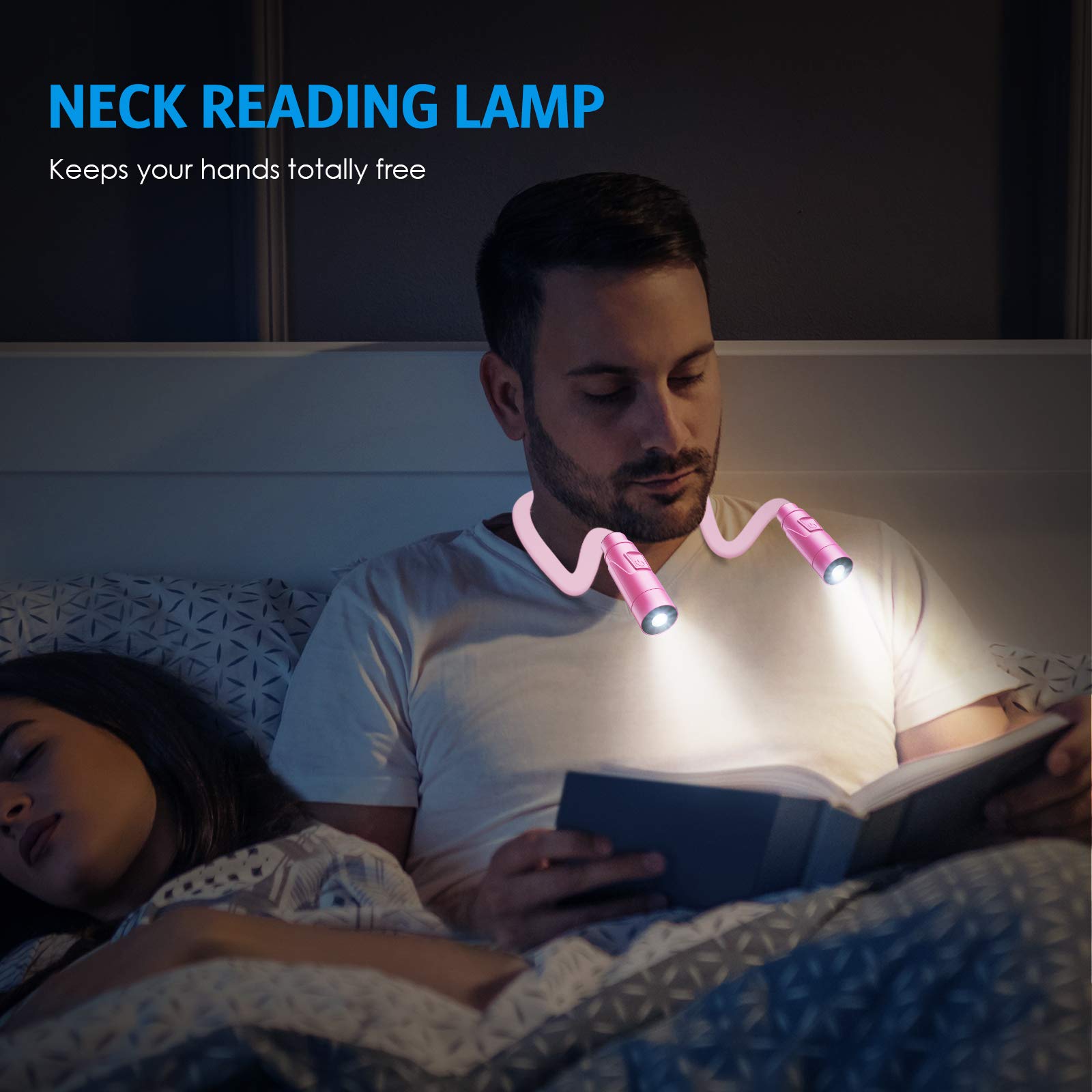 AMIR Upgraded LED Neck Reading Light, Book Light for Reading in Bed, 3 Colors, Brightness Adjustable, Bendable Arms, Rechargeable, Perfect for Reading, Knitting, Camping, Repairing (Pink)