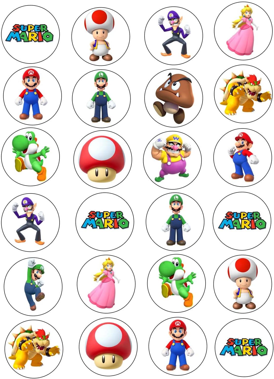 24 Mario Edible Wafer Cupcake Toppers Fairy Cake Decoration Uncut