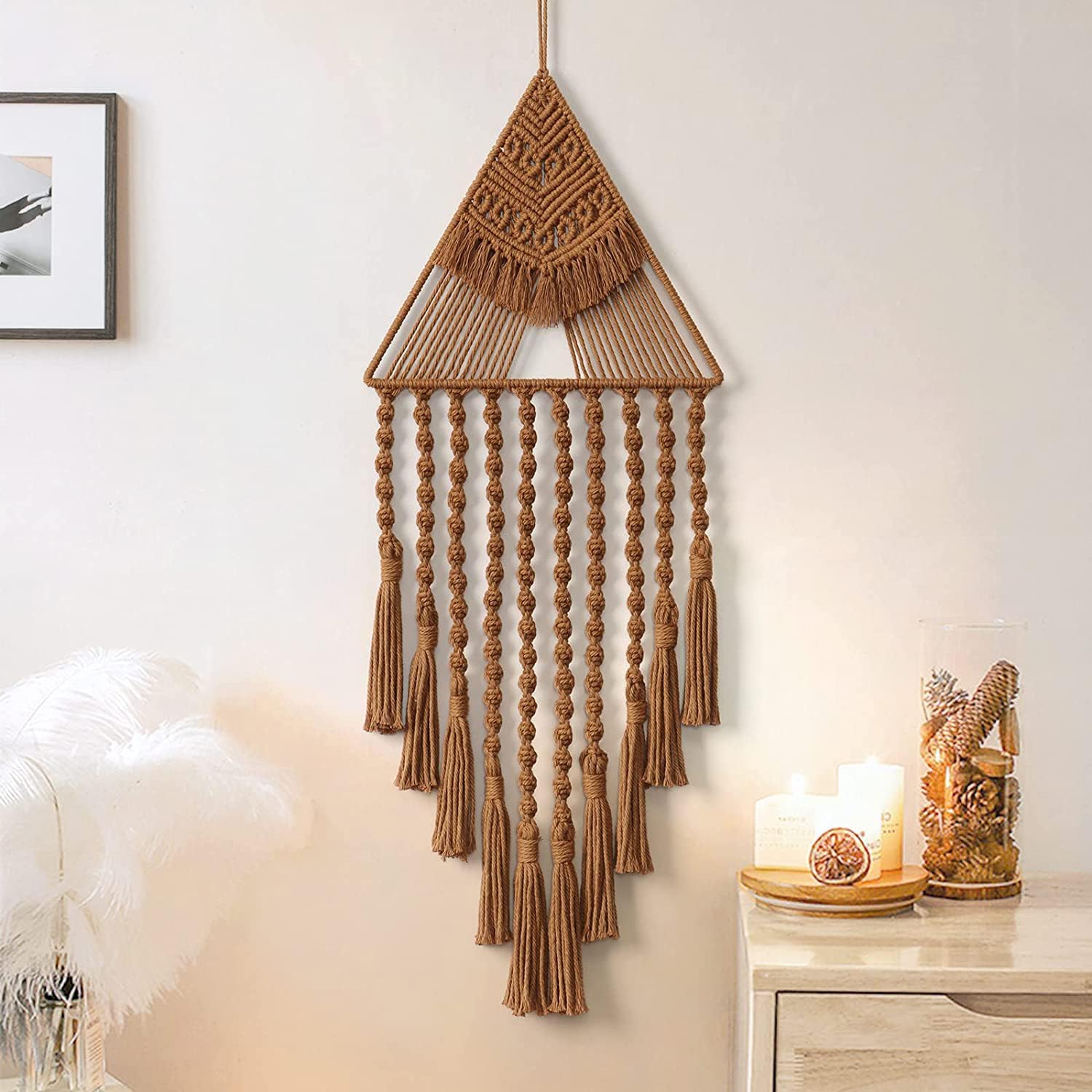 Cotton Handmade Macrame Boho Wall Hanging Dream Catcher Triangle Tassel | Bohemian Wall Art Home Decor - Brown-image-34