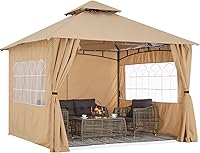 MASTERCANOPY 11x11 Beige Patio Gazebo Steel Frame with Windows Curtains - Ventilated Outdoor Shelter for Parties