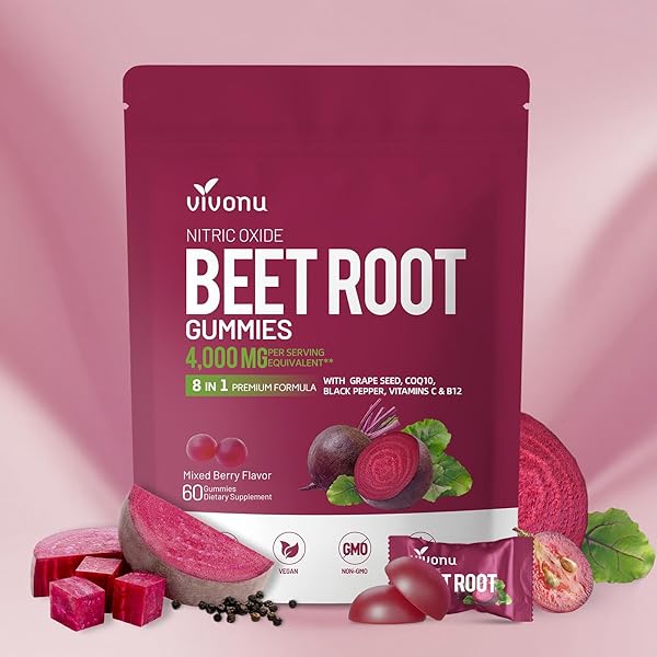 VivoNu Beet Root Gummies 8-in-1 Premium Energy Supplement with CoQ10, Beetroot Extract, Grape Seed Extract, Black Pepper Extract, Vitamins C & B12, L-Arginine & L-Citrulline