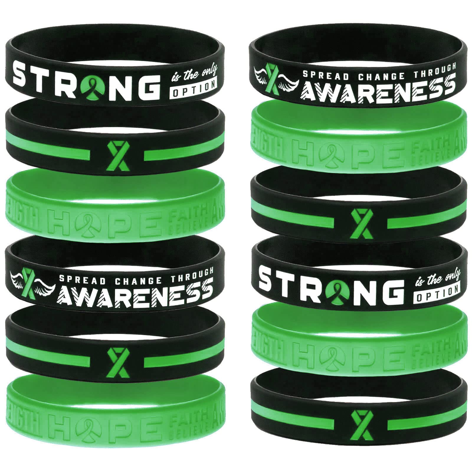 Giftphoria Green Awareness Bracelets (12-pack) - Wholesale Bulk Pack of 12 Silicone Wristbands - Green Awareness Ribbon Products and Accessories, 8 inches, silicone rubber