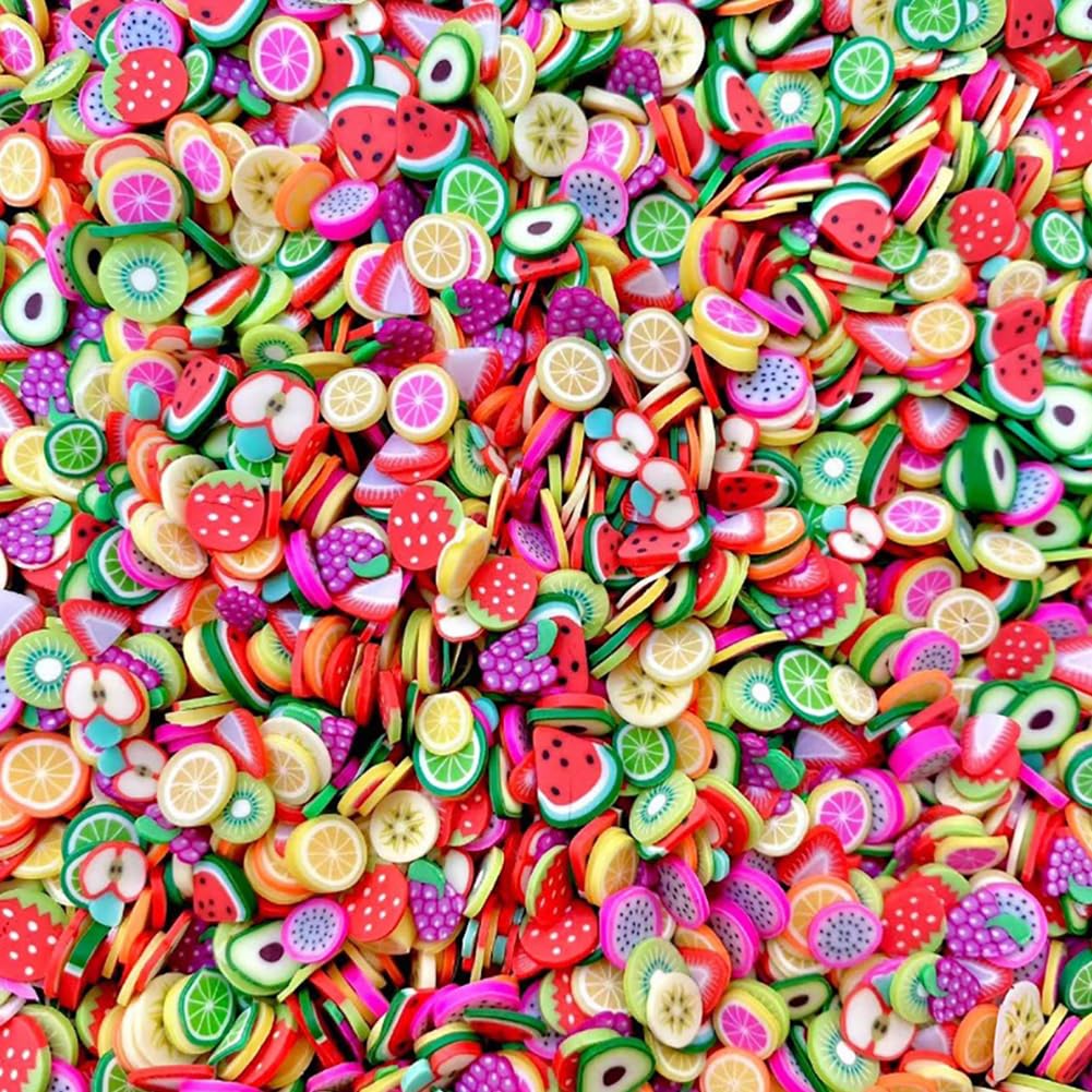 HugeDE 100g 5mm Nail Art Fruit Slices Cute Craft Slices Small Fruit Nail Charms 3D Polymer Clay Slices Mini Fruit Charms Tiny Decorative Slices for Decoration