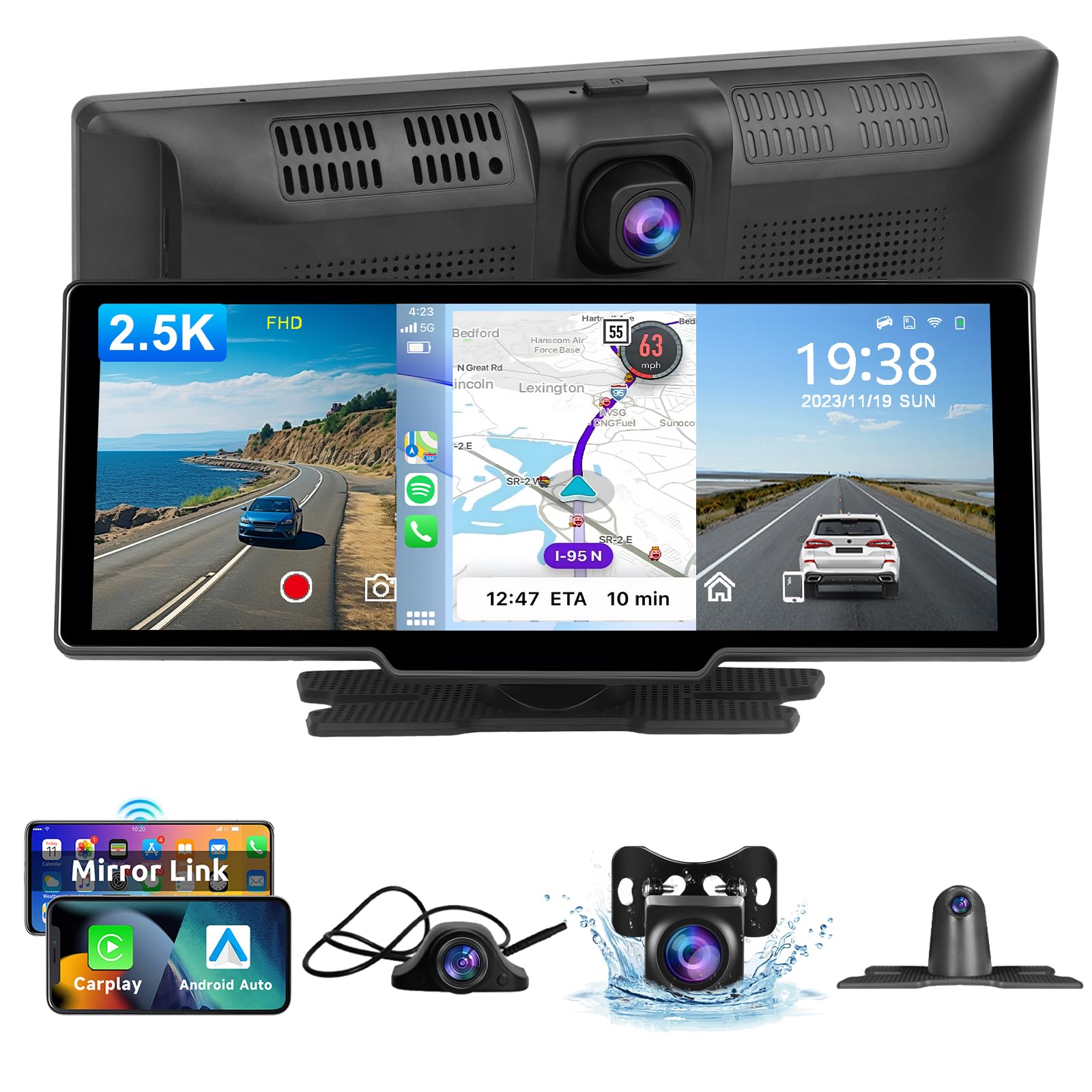 KMUTZY 10,26 Wireless Carplay Display für A-pple Carplay & Android Auto,Tragbarer CarPlay-Bildschirm, Mit Rückfahrkamera, Mirror Link, Bluetooth, Sprachsteuerung, GPS-Navigation, FM/AUX
