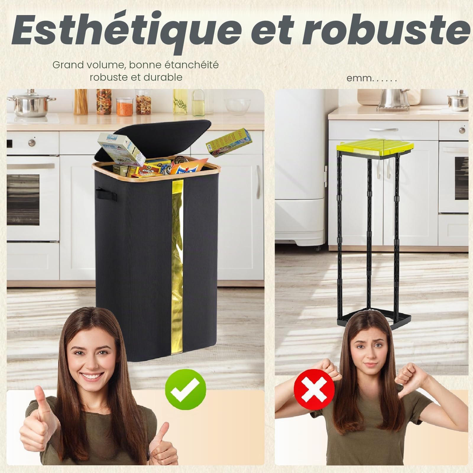 Support pour Sac Poubelle 100 l avec Fenêtre Transparente et Couvercle - Grand Format - Noir