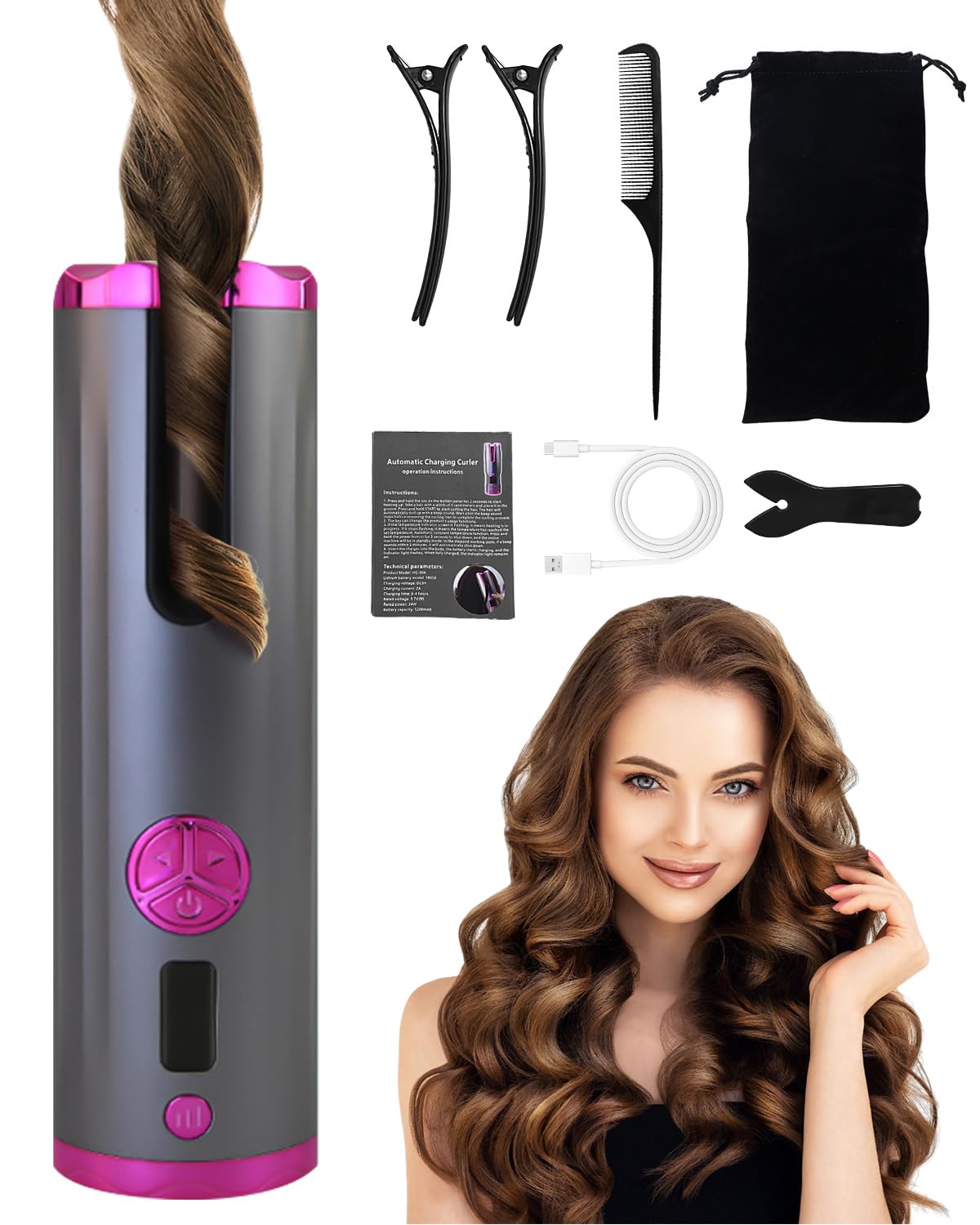 Fer a Boucler Cheveux Automatique Sans Fil Fer a Friser 5200mAh USB Rechargeable a Friser avec 6 Réglages de Température & Minuteur, Boucleur Anti-Brûlure Chauffage Rapide pour Cheveux Longs Courts