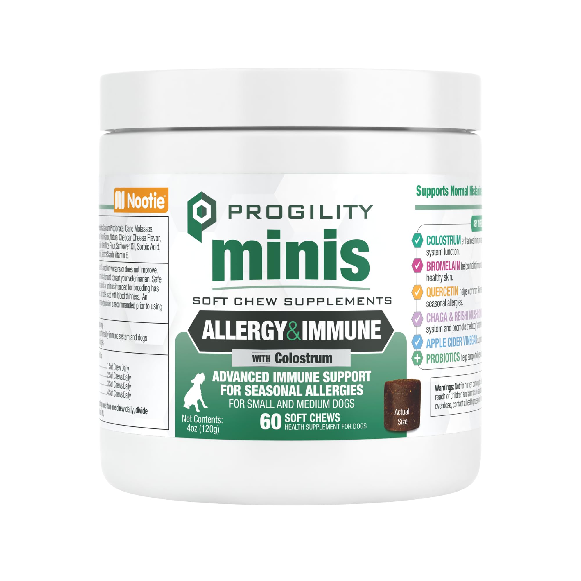 Nootie Progility Mini Allergy & Immune Supplement, Seasonal Allergies Advanced Immune Support Supplement for Small Dogs, 60 Soft Chews per Container