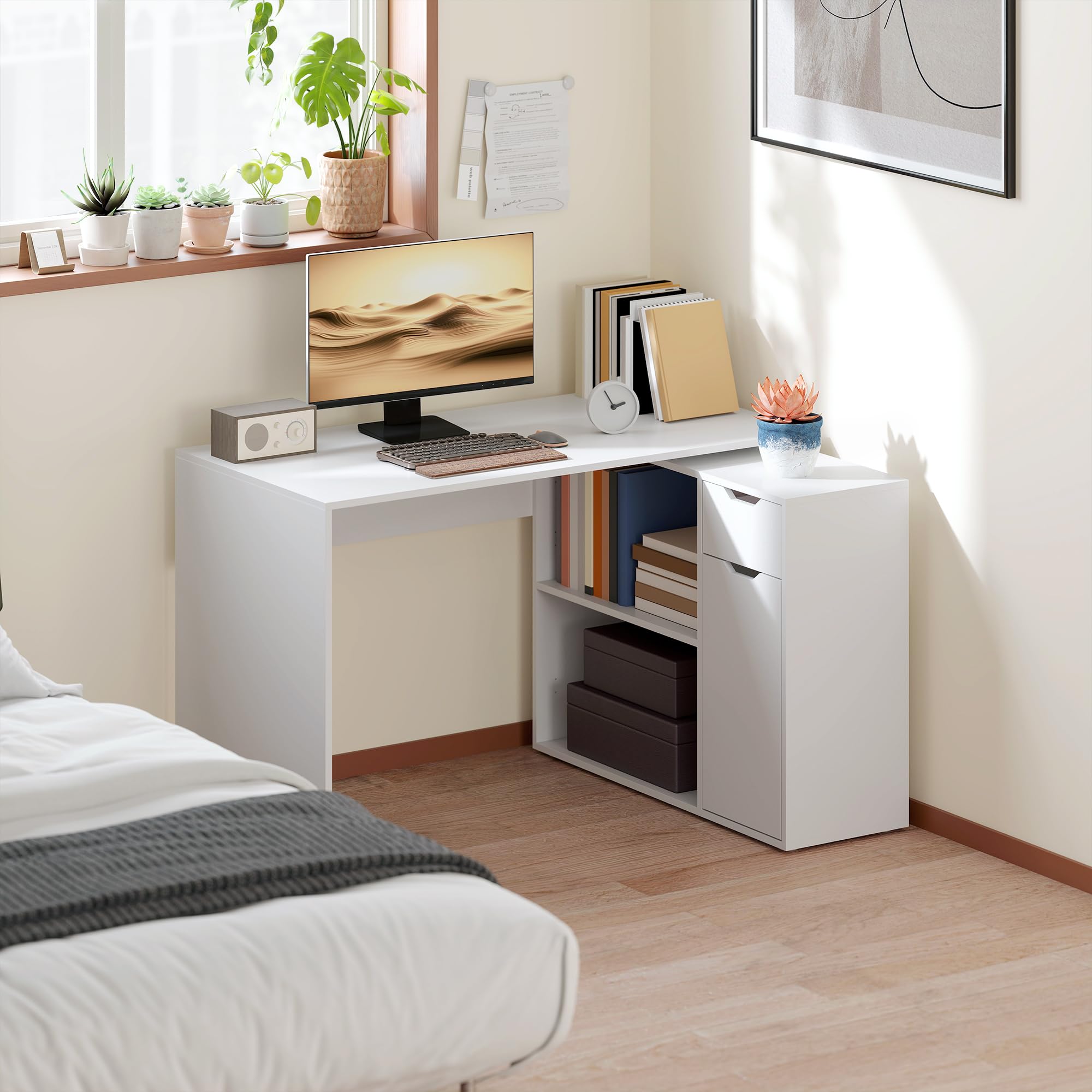 HOMCOM Eckschreibtisch Computertisch mit Schublade 120 x 96 x 75 cm Weiß | L-Form Winkelschreibtisch, 1 Tür, Offene Ablagen, für Dokumente im A4-Format, Hergestellt in der EU