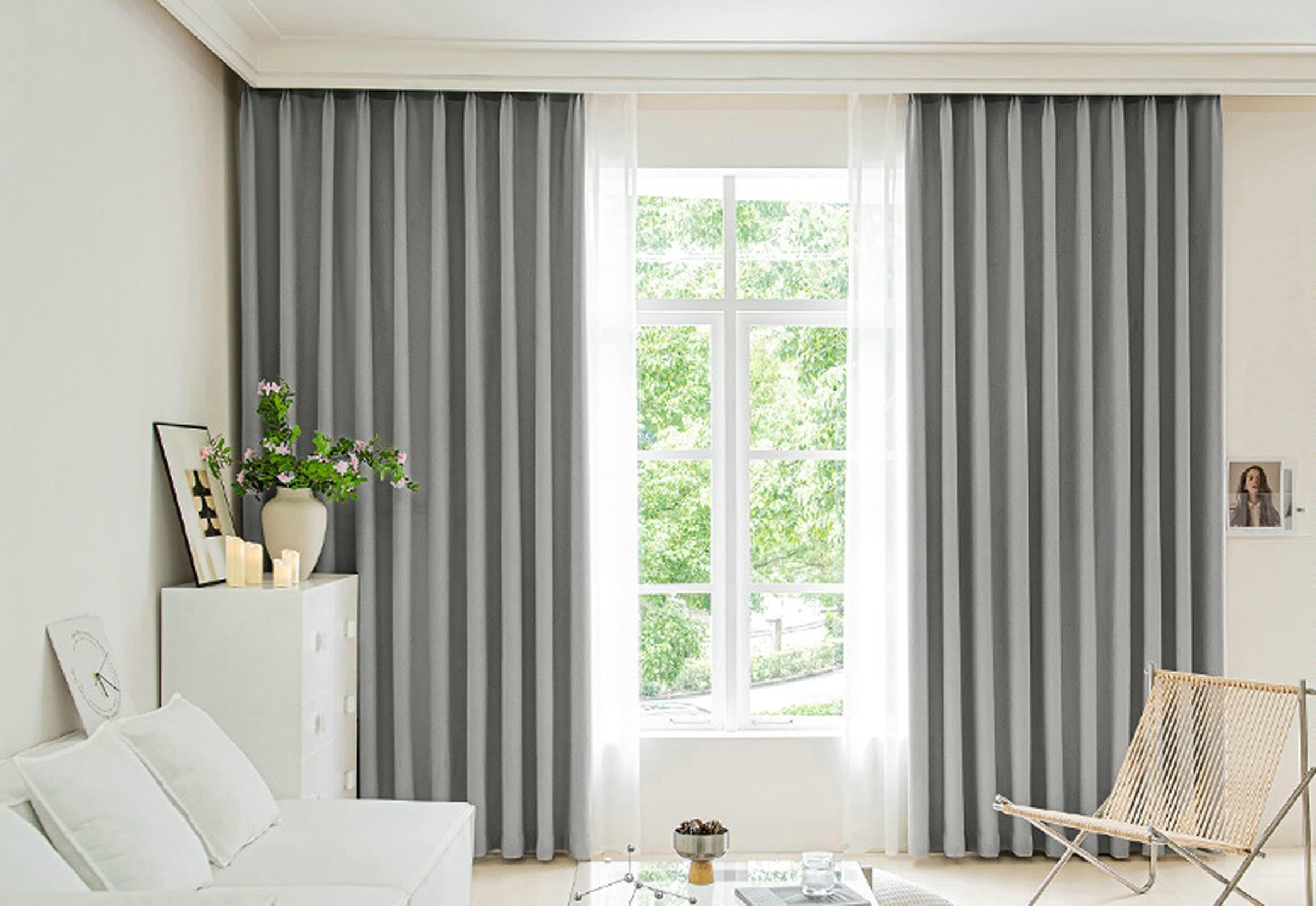 Rideaux de fenêtre gris 132x274 cm à œillets en polyester pour chambre, lot de 2