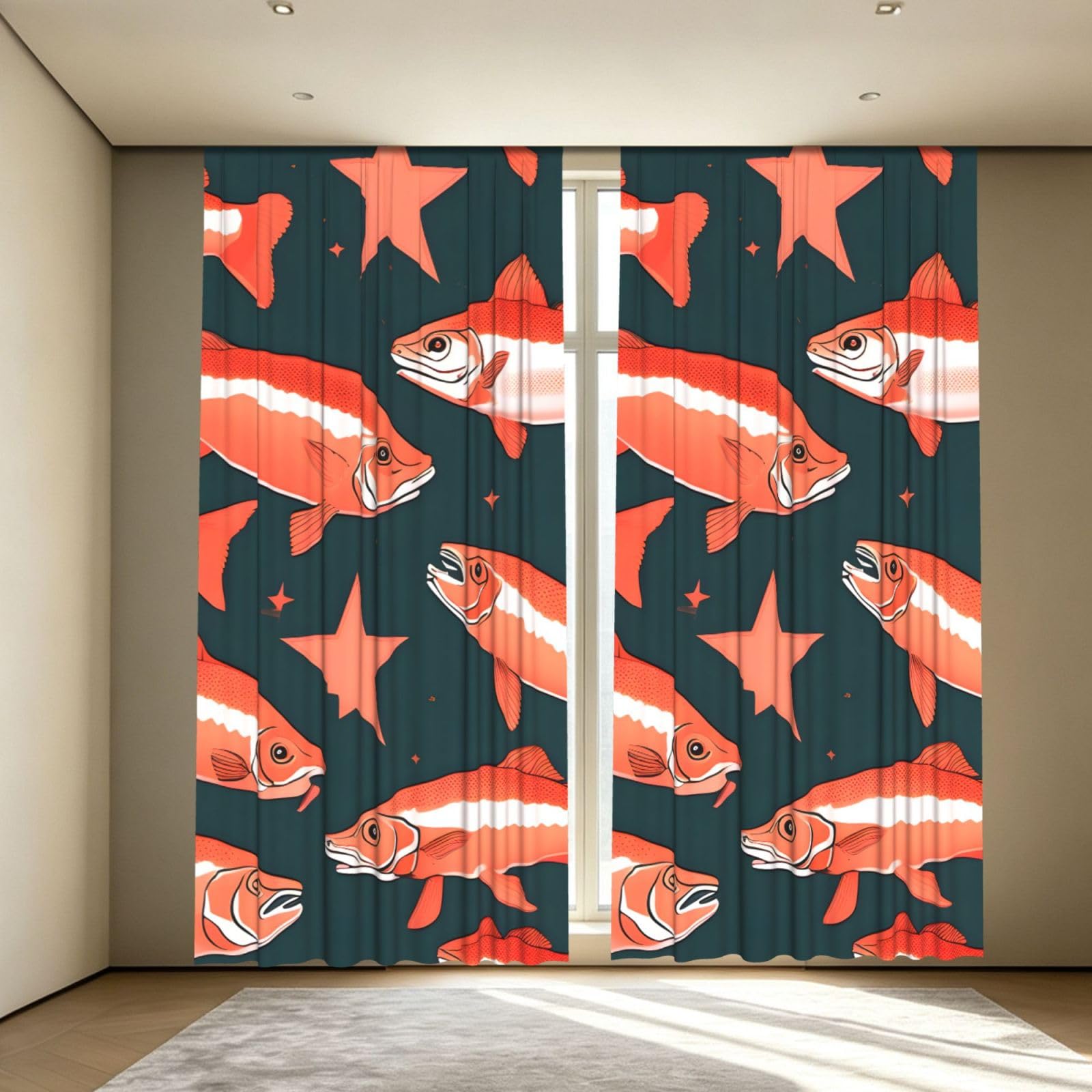 Yyoretp Salmon Print Blackout Curtains for Living Room Bedroom Thermal Insulated Window Drapes.