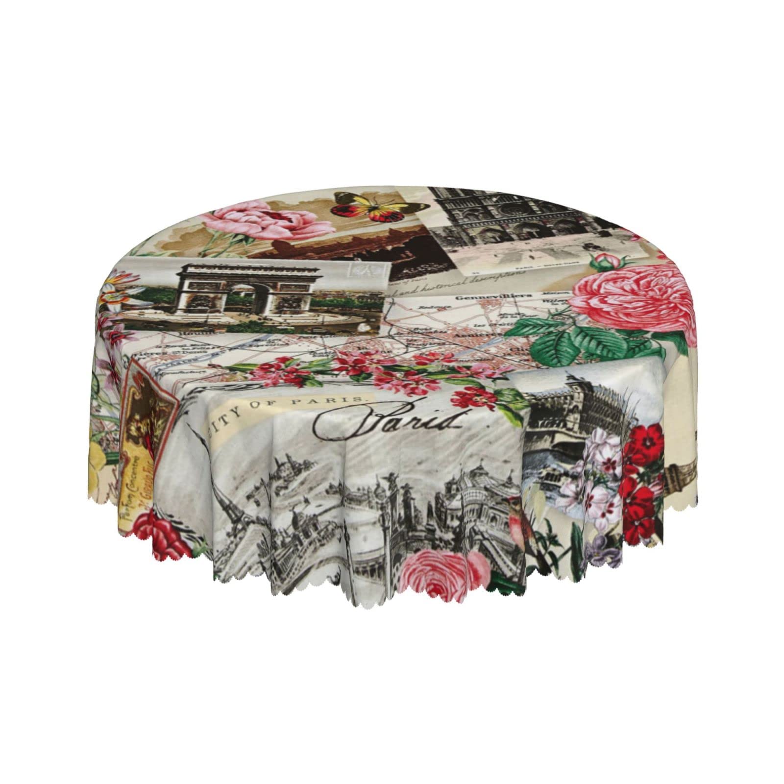 Lsjuee Vintage Paris Floral Spring Round Tablecloth 60 Inch Printed Washable Tablecloth for Dining Party Holiday Fall Home Decorative