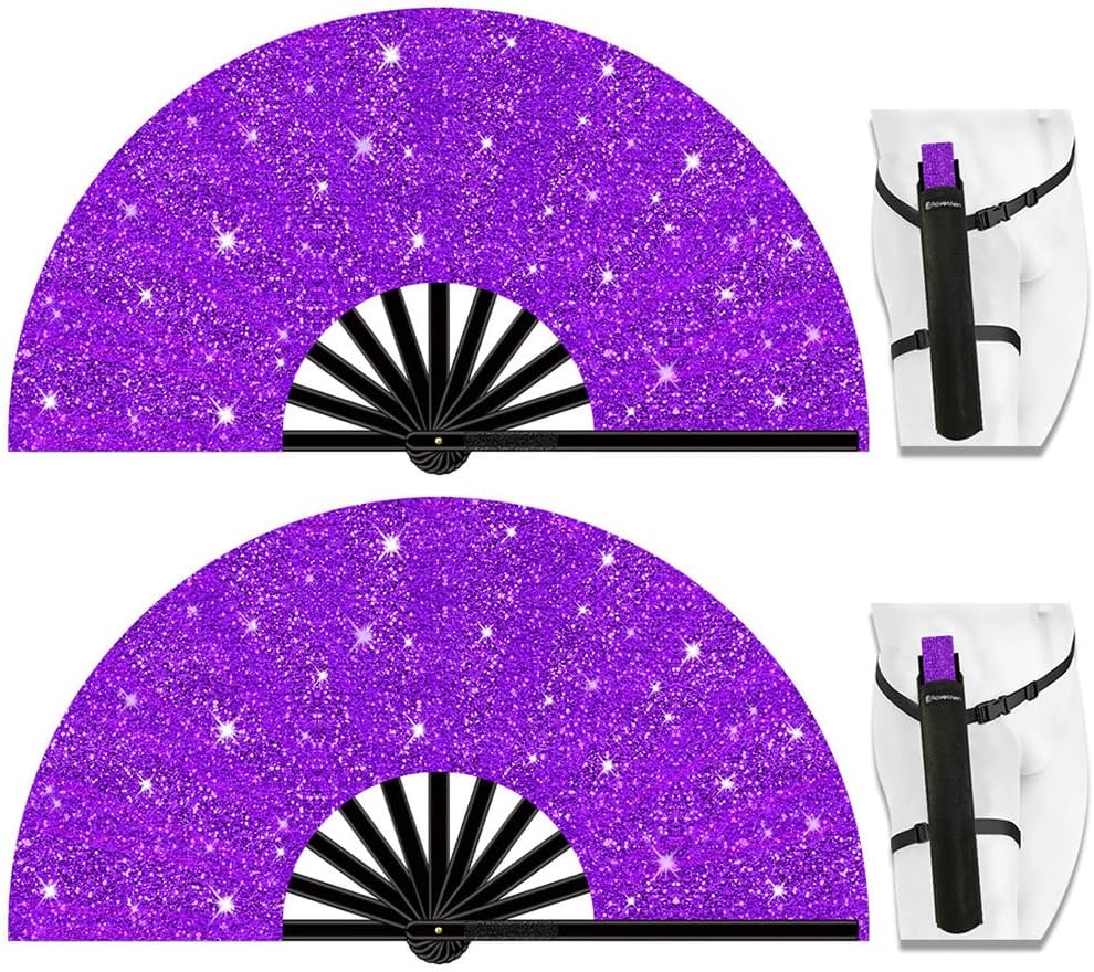13" Large Folding Rave Fan with Holster, Clack Hand Fans Foldable for Line Dancing for Women Men Festival EDM Party Decoration, Glitter Purple 2 Pack