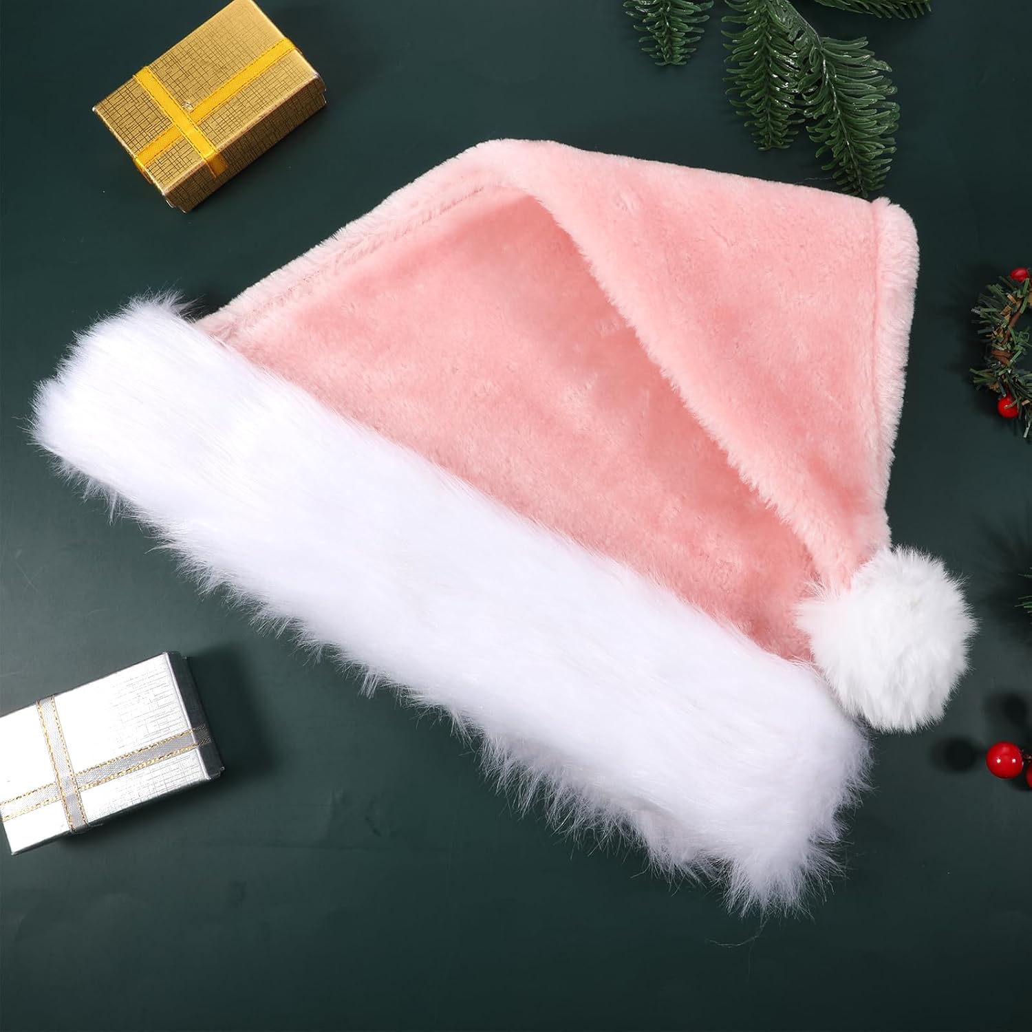 Christmas Santa Hats for Adults, Unisex Holiday Pink Velvet Comfort Xmas Hat Classic Santa Hat for Xmas New Year Festive Party (Pink) - Image 6