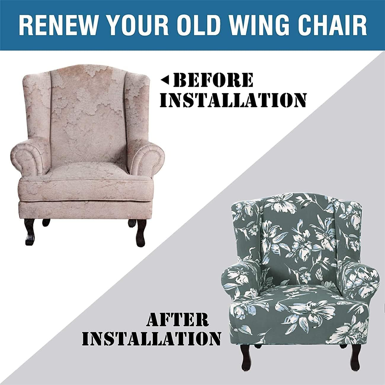 Fashion Print Wing Chair Cover Stretch Wingback Sofa Slipcovers Spandex Armchair Couch Covers with Floral Pattern for Living Room (Color : Green)