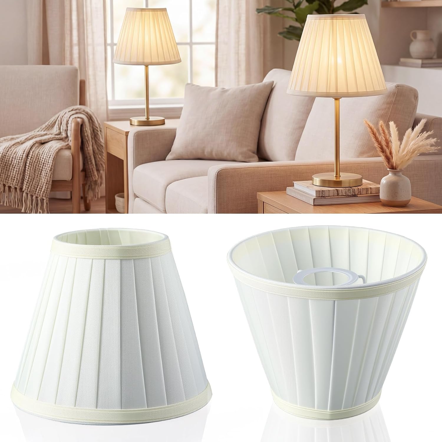Small Pleated Lamp Shades Set of 2, 3.9" Top x 7.1" Bottom x 5.9" High | Empire Style Compatible with 1-5/8" (42mm) Uno Fitter Lamp Holders, Lamp Shades for Table, Floor, Wall Lamps, Easy Assembly