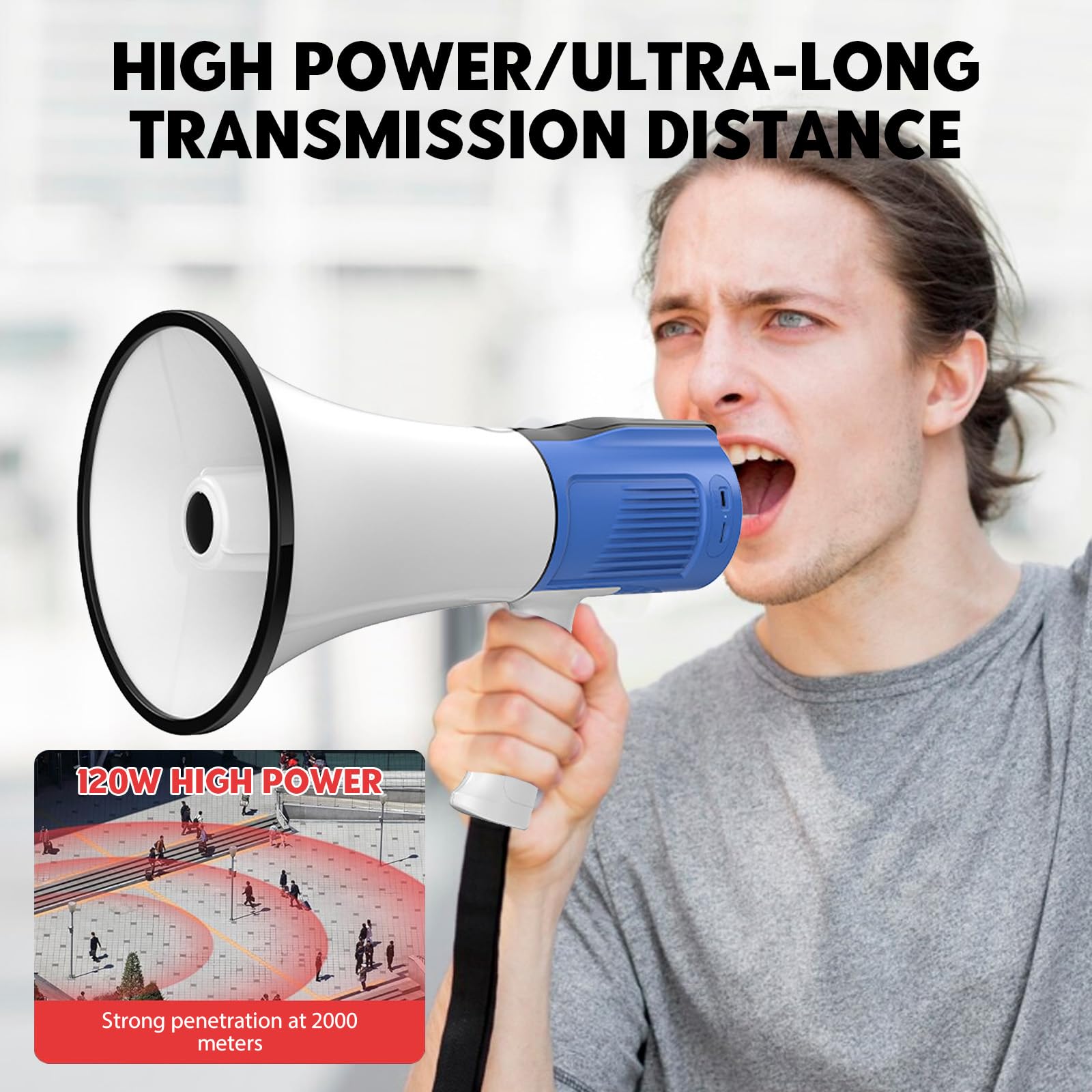 Megafono da 120W, Megafono Portatilecon con Microfono, Funzione Sirena e Registrazione, Controllo Volume Regolabile, Portata Fino a 2000M per Eventi Sportivi, attività all'aperto