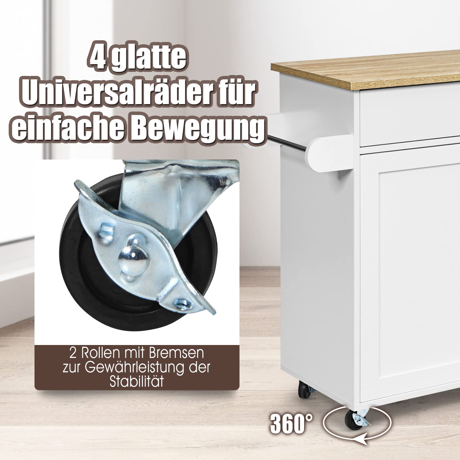 COSTWAY Küchenwagen mit Handtuchhalter und Gewürzboard, Kücheninsel mit Schublade und höhenverstellbare Ablage, Küchenschrank rollbar, Servierwagen aus Holz, Kücheninselwagen (Weiß)