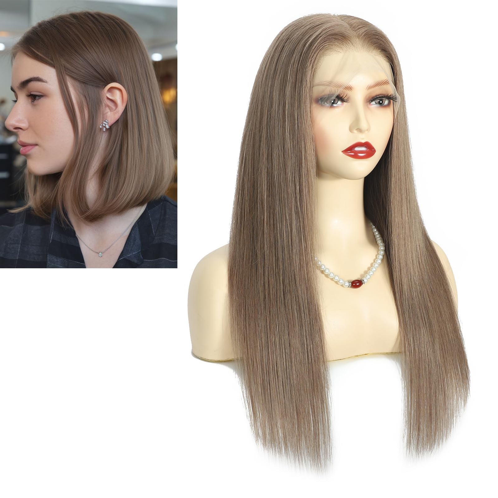 Peruka z prawdziwych włosów, pełna koronka, popielaty brąz 10#, pełna koronka, długie włosy, 100% Remy, wstępnie plucked przezroczysta koronka 50 cm