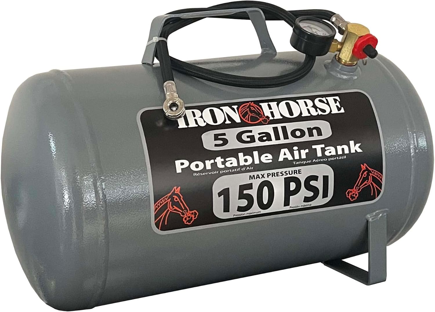 Ironhorse IHCT-05 5-Gallon 150 PSI Max Portable Air Tank with 4 ft ¼ in Air Hose, Easy Read Tank Gauge