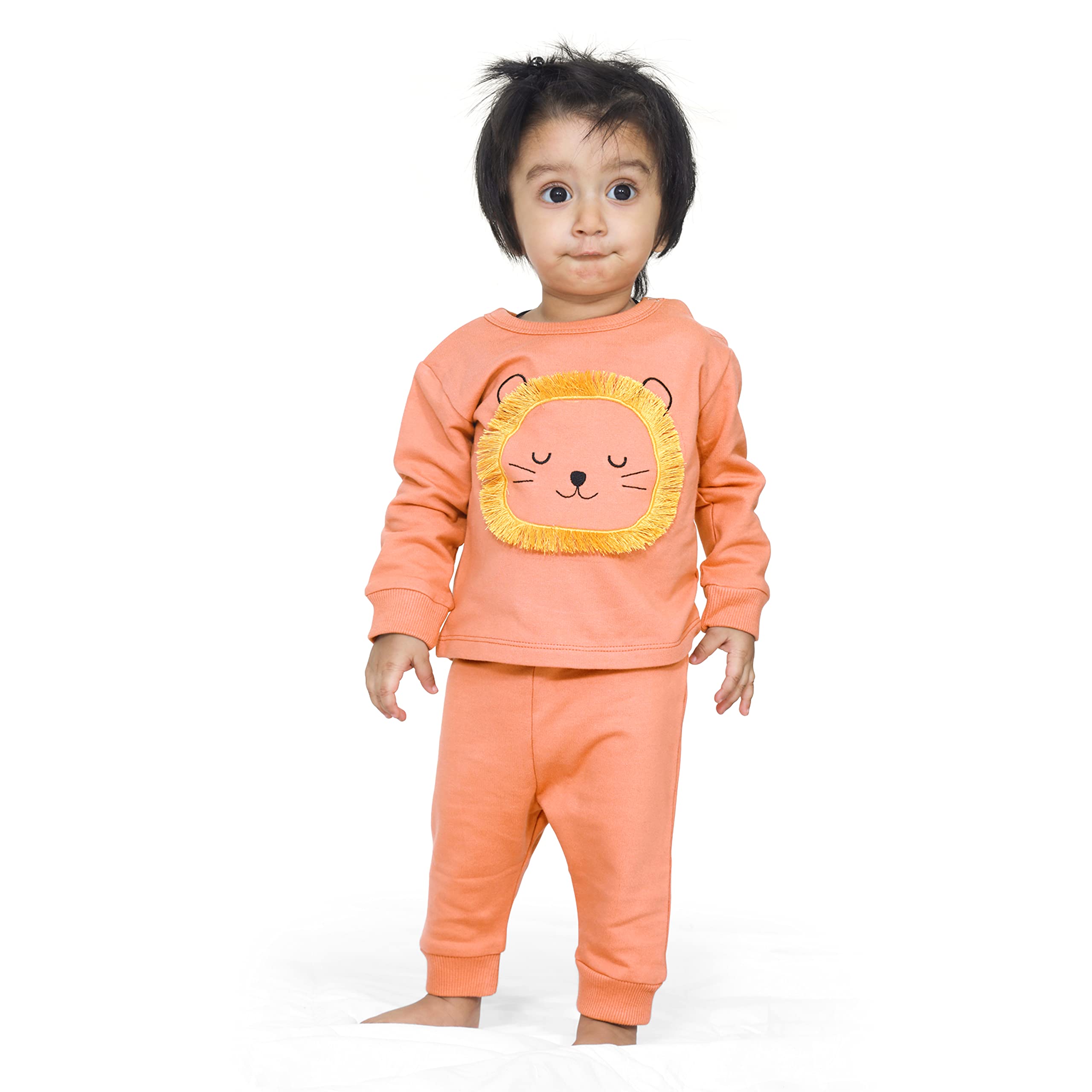 Real Basics Cotton Fleece Clothing Sets for Boys & Girls - Unisex Winter Clothing Sets Full Sleeve Printed T-Shirt & Pant (Ora Sunshine_3-4 Years) 1
