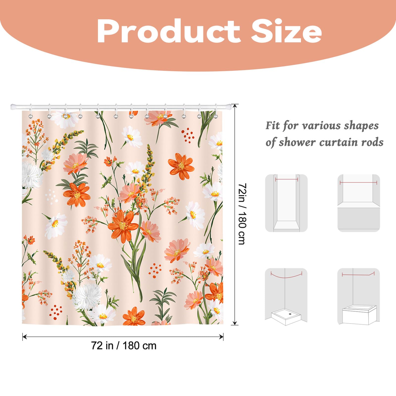 BREASOME Orange Floral Shower Curtain 180 x 180 cm for Bathroom Decor Mould Proof Waterproof Polyester Fabric Bath Curtain with 12 Hooks - Image 2