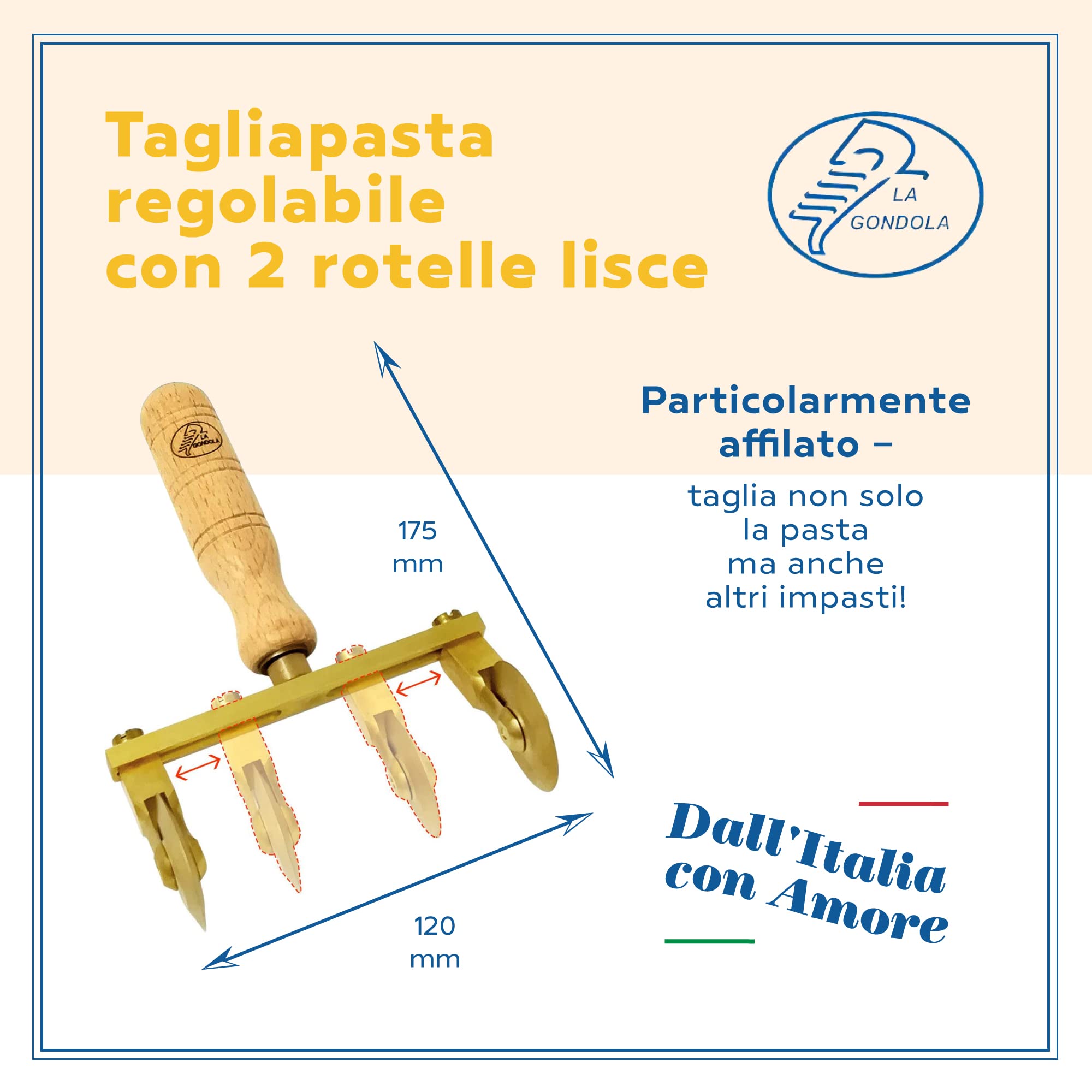 LA GONDOLA Rotella Tagliapasta Doppia Regolabile Liscia in Ottone ed Impugnatura Legno, Prodotto Artigianale Made in Italy