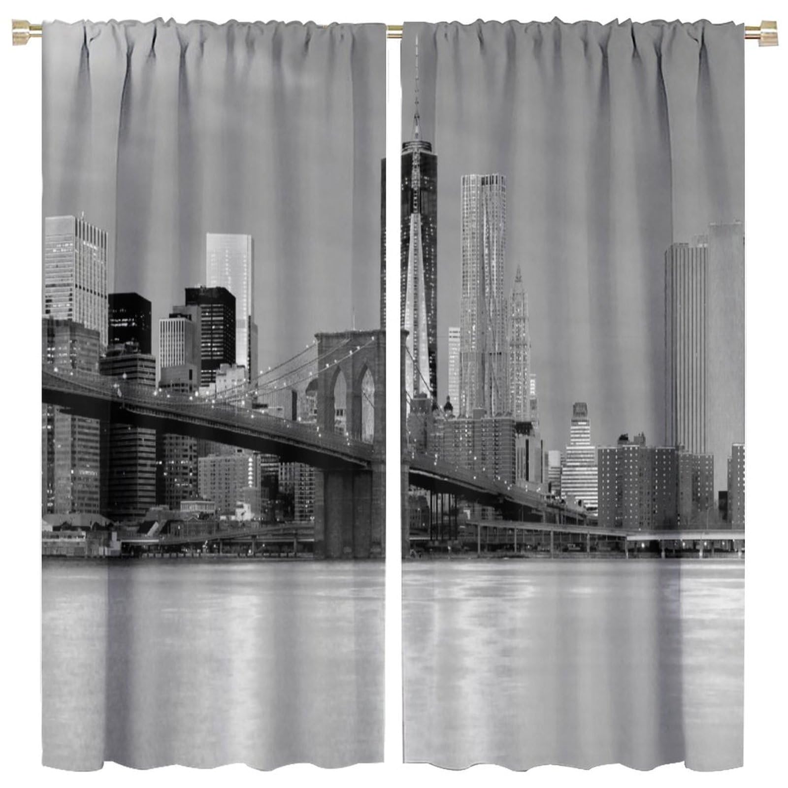 Modern Blackout Window Curtains, Brooklyn Bridge Sunset Manhattan American New York City Famous Town for Living Rooms and Bedrooms Drapes 2 Panels 63x63in