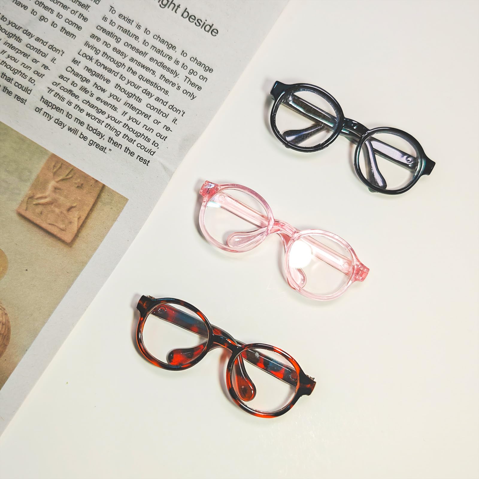 3pcs Mini Doll Glasses Set, Black, Pink, Leopard Print, Dress-Up Accessories for 15-17cm Dolls - Image 2
