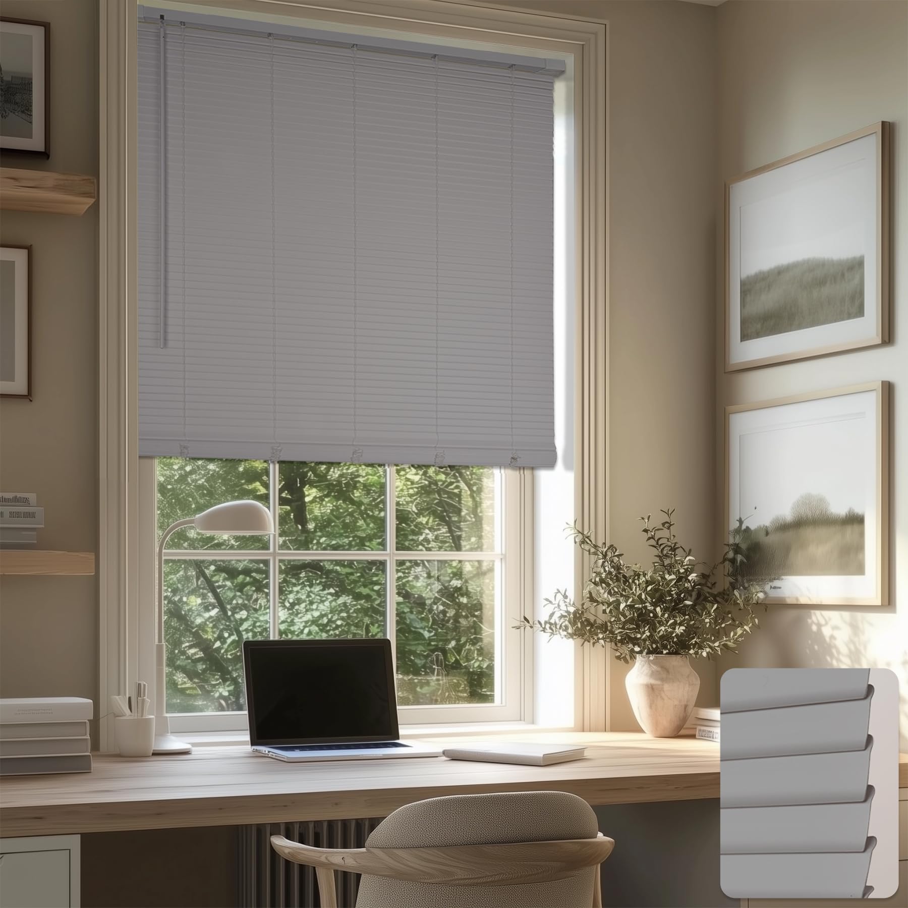 HESTIA No Drill Cordless Room Darkening Vinyl Mini Blinds, 1” L-Shaped PVC Slats Venetian Horizontal Blind Privacy Indoor Window Coverings for Bedroom, Bathroom and Kitchen, Grey, 96.5 X 127CM