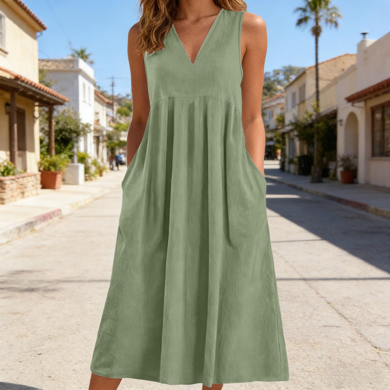 Generisch Leinenkleider Damen Sommer Midi Sommerkleid Leinen V-Ausschnitt Trägerkleid Musselin Kleid Lang Strandkleid Leicht und Luftig Freizeitkleid mit Taschen Ärmellose Baumwollkleid