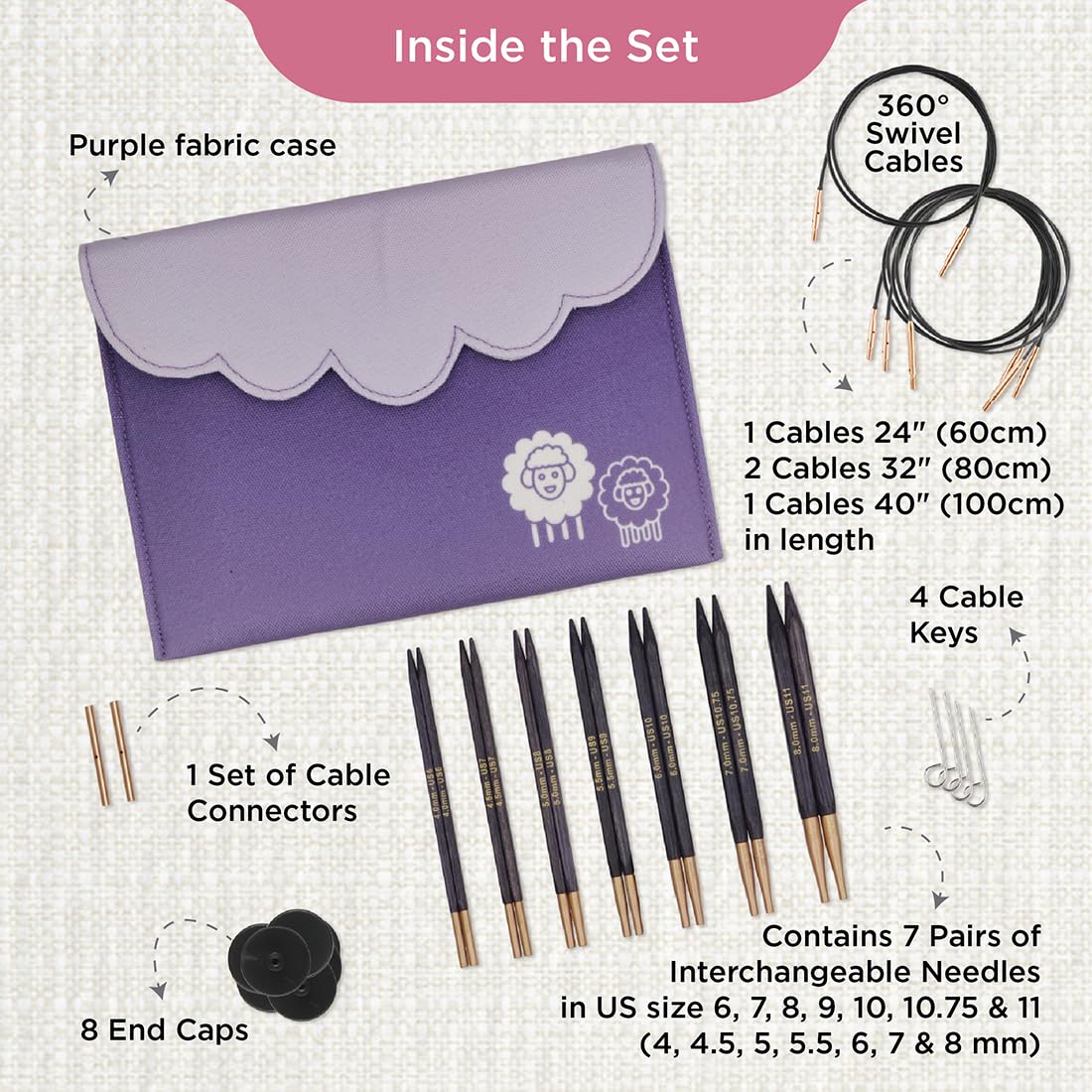 KnitPro J’adore Cubics Deluxe Austauschbare Nadelspitzen Set 5” (13cm) I 7 Größen (4mm bis 8mm)