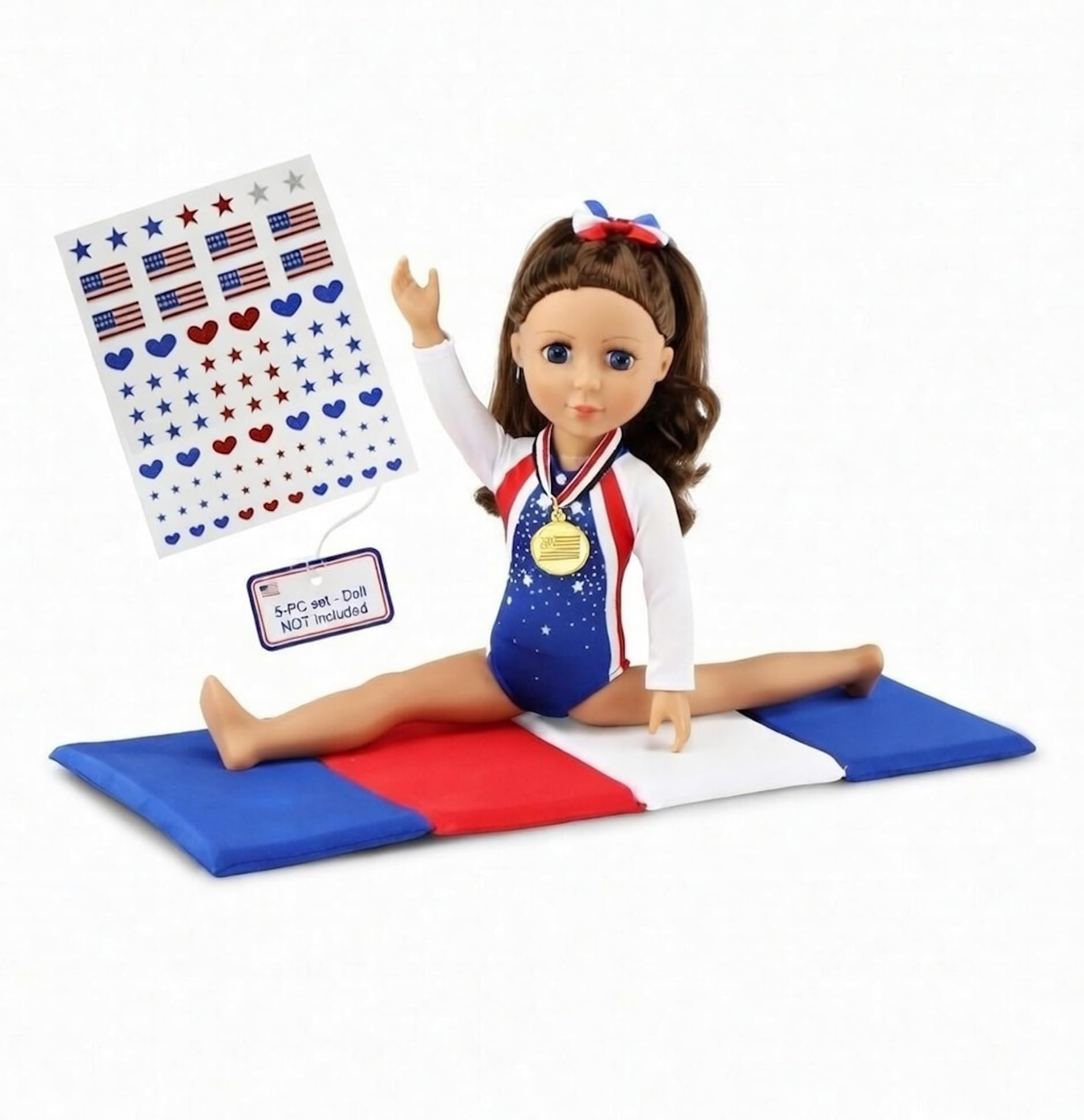 14" Doll 5-PC Gymnastics Outfit Set with Bejeweled Leotard, Winner Medal & Reusable Stickers | Padded Mat & Hair Tie | Fits WellieWishers & Similar 14-14.5" Hard-Bodied Dolls (NO Doll)