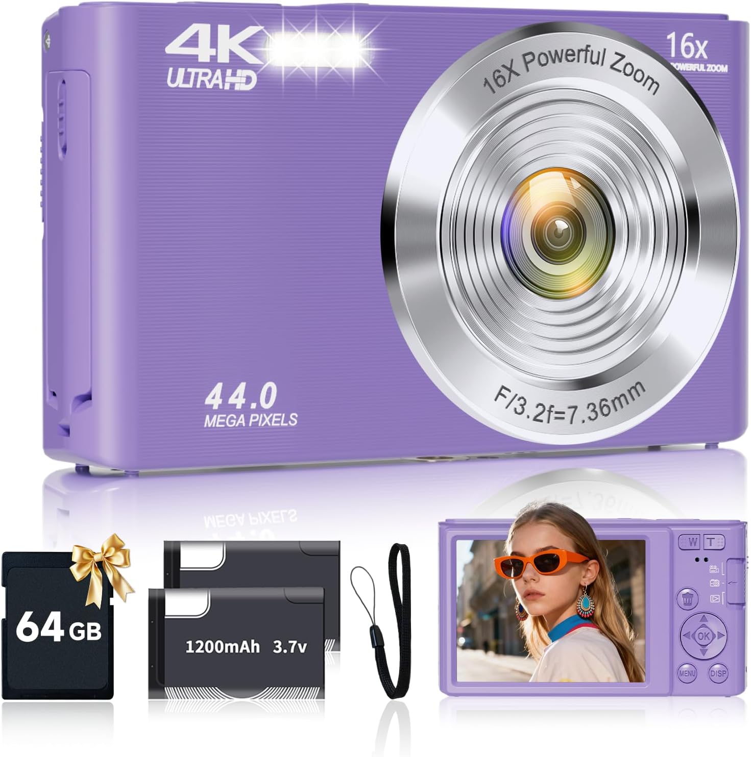 Digital Camera for Teens, FHD 4K 44MP with 64GB SD Card, 16X Digital Zoom, Purple Digital Camera for Teens, FHD 4K 44MP with 64GB SD Card, 16X Digital Zoom, Purple